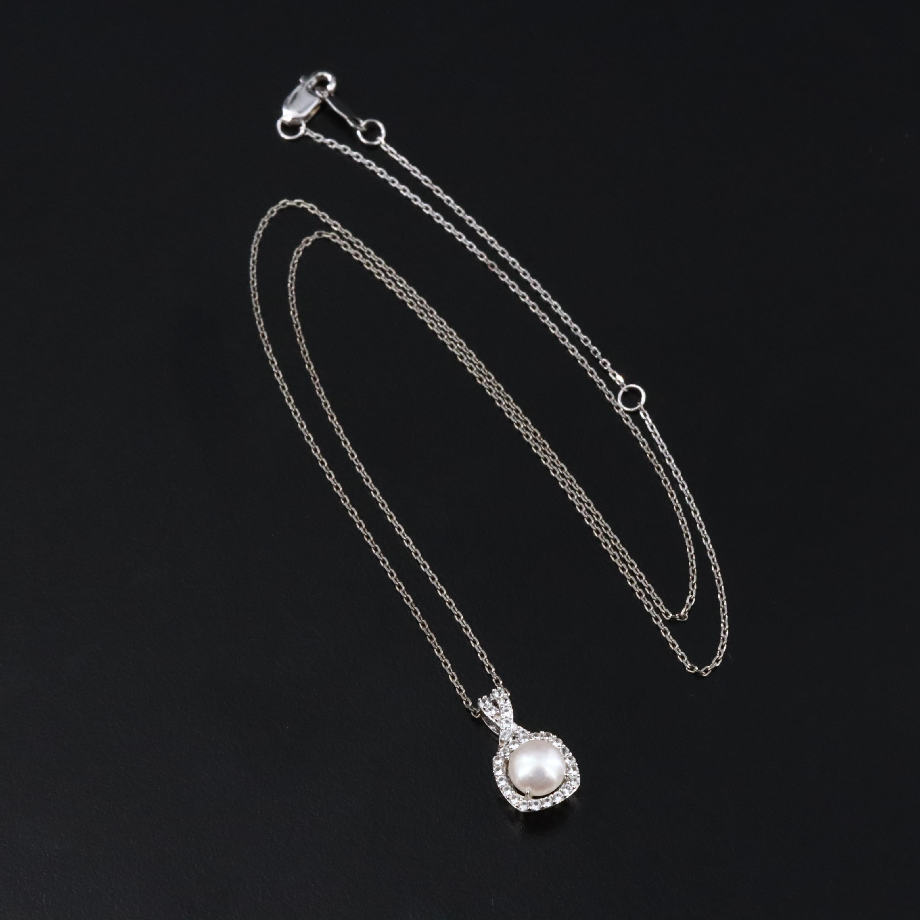 Sterling Pearl and White Sapphire Pendant Necklace