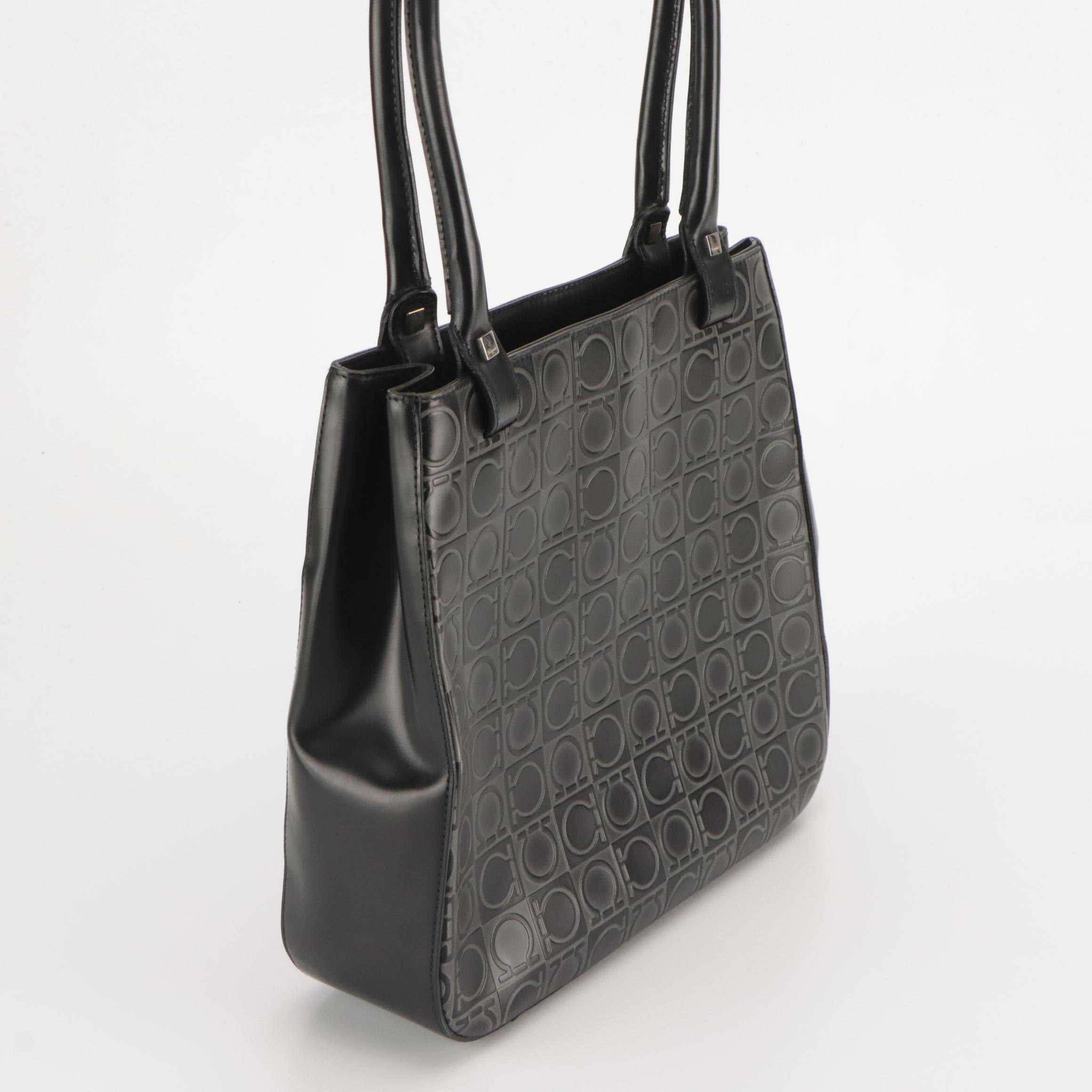 Salvatore Ferragamo Shoulder Bag in Black Gancini Embossed Leather