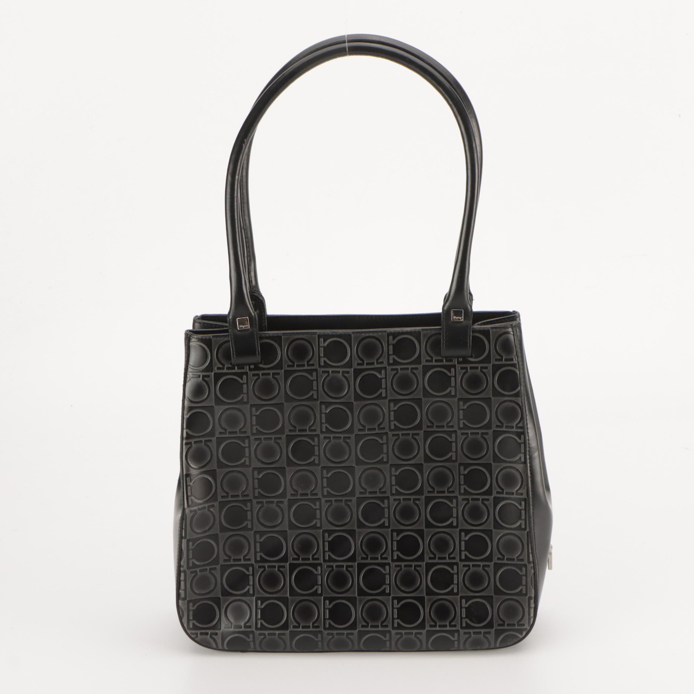 Salvatore Ferragamo Shoulder Bag in Black Gancini Embossed Leather