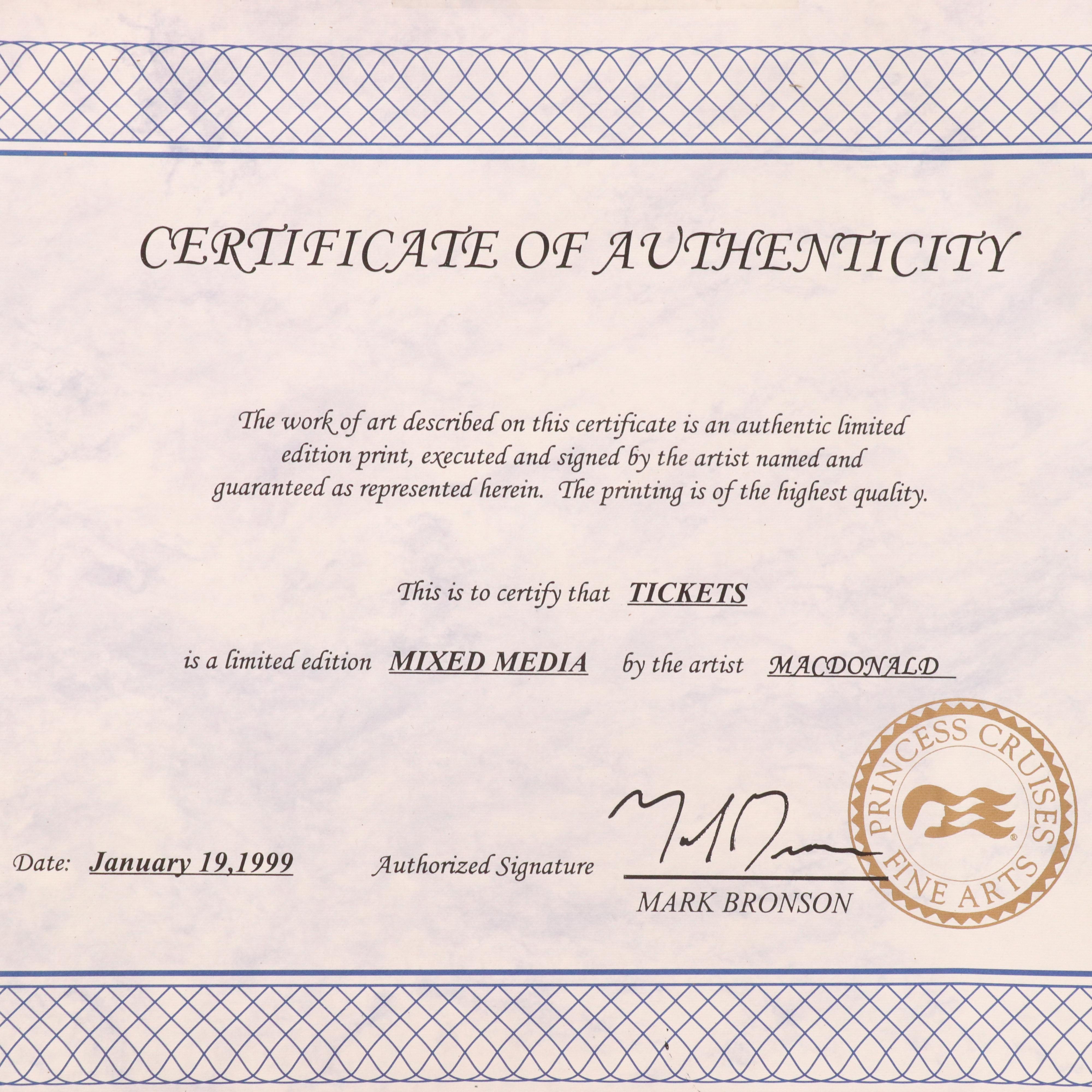 Susannah MacDonald Dimensional Mixed Media Serigraph "Tickets," 1995