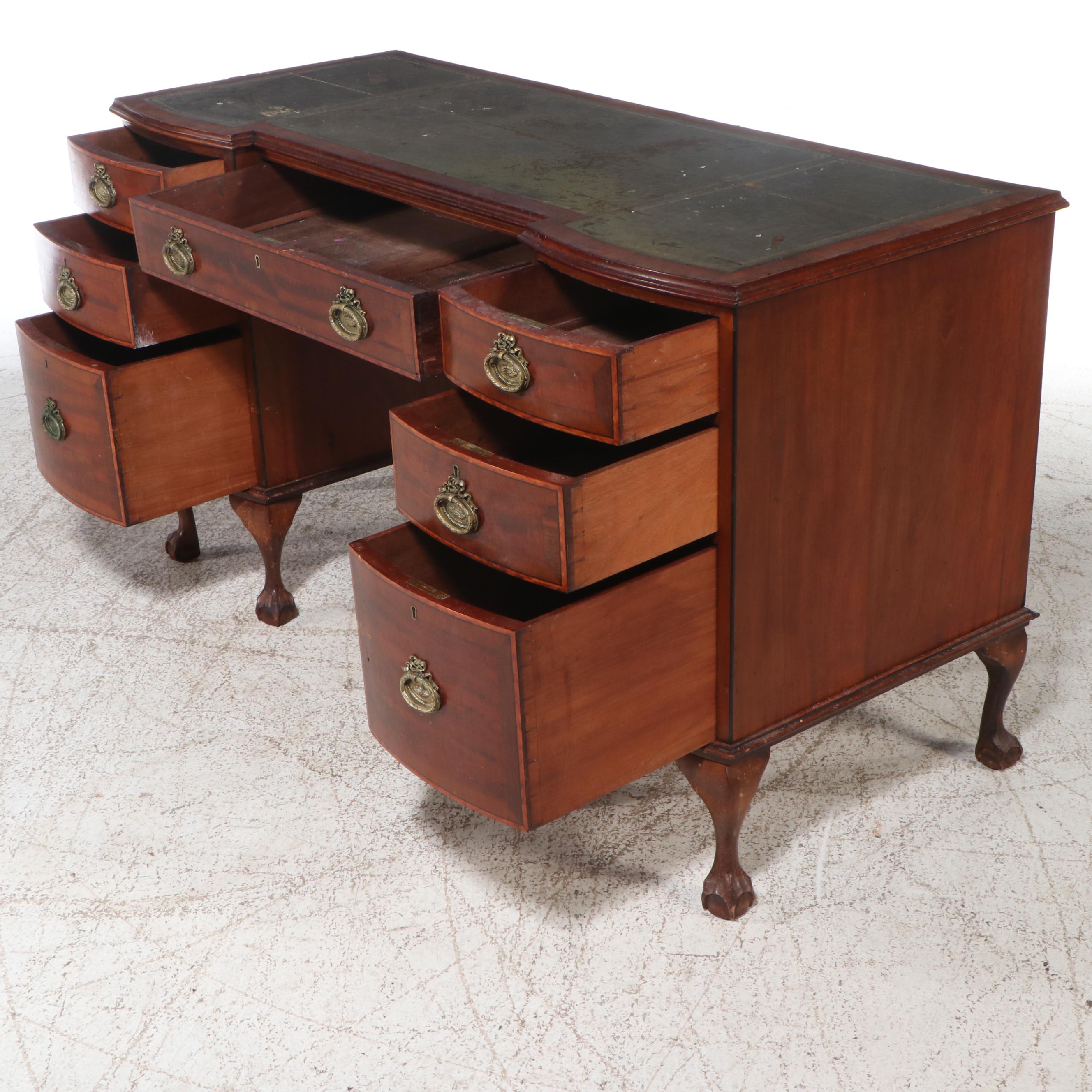 Chippendale Style Mahogany Desk with Leather Inlay Top, Mid-20th Century