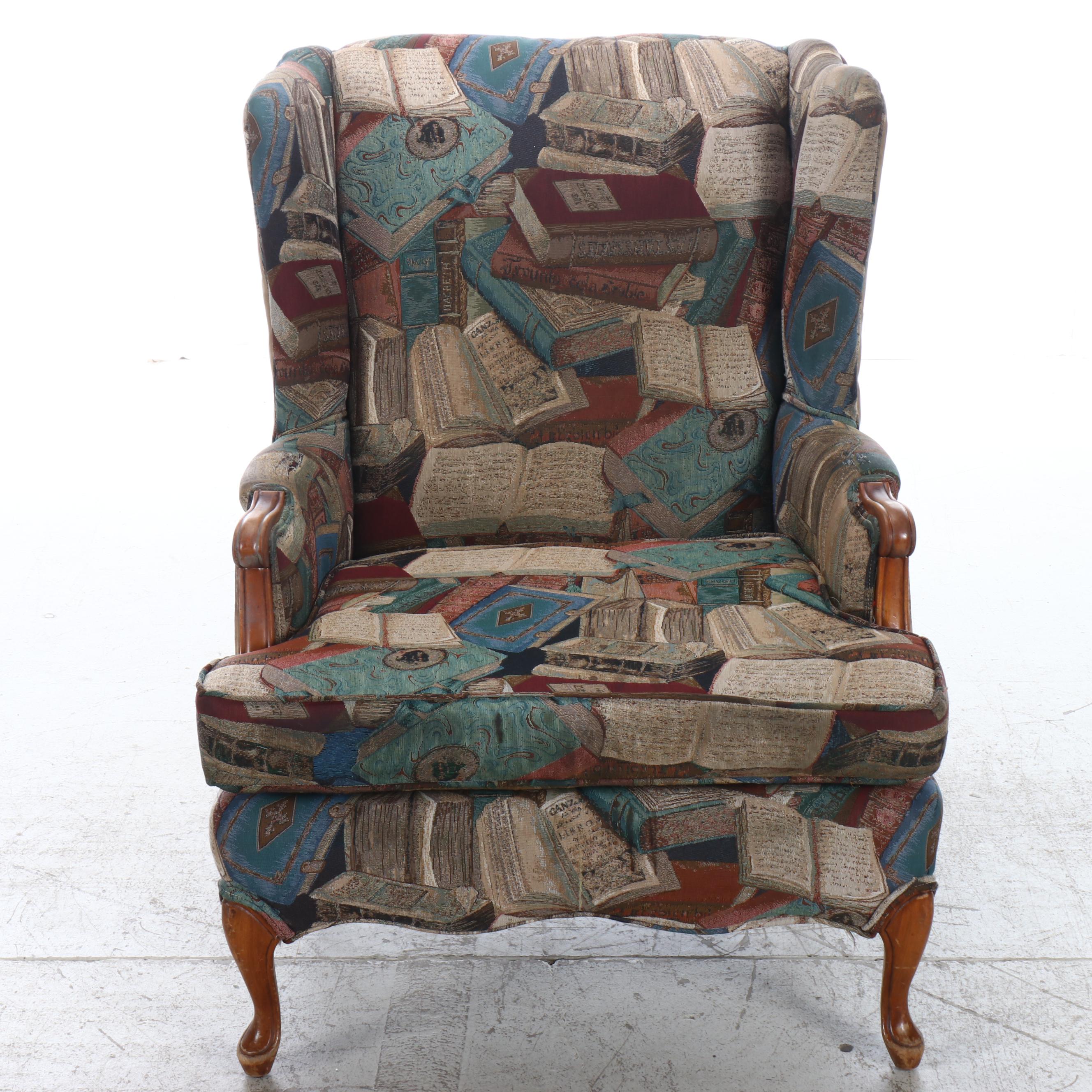 Queen Anne Style Wingback Upholstered Armchair, Late 20th Century