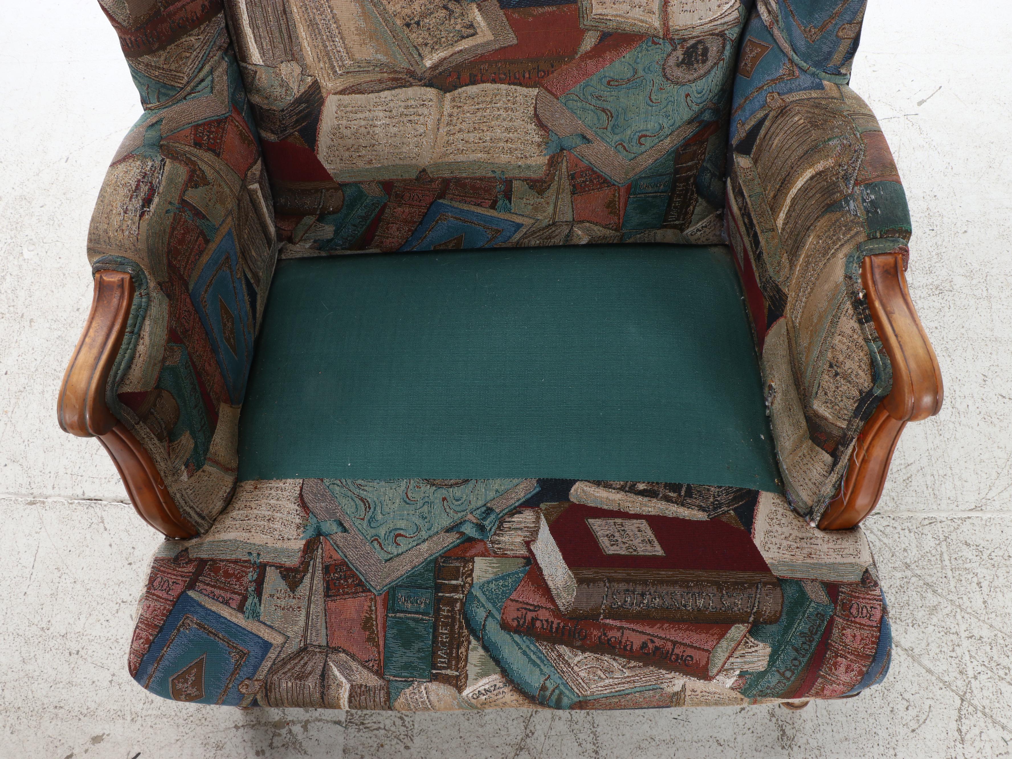 Queen Anne Style Wingback Upholstered Armchair, Late 20th Century
