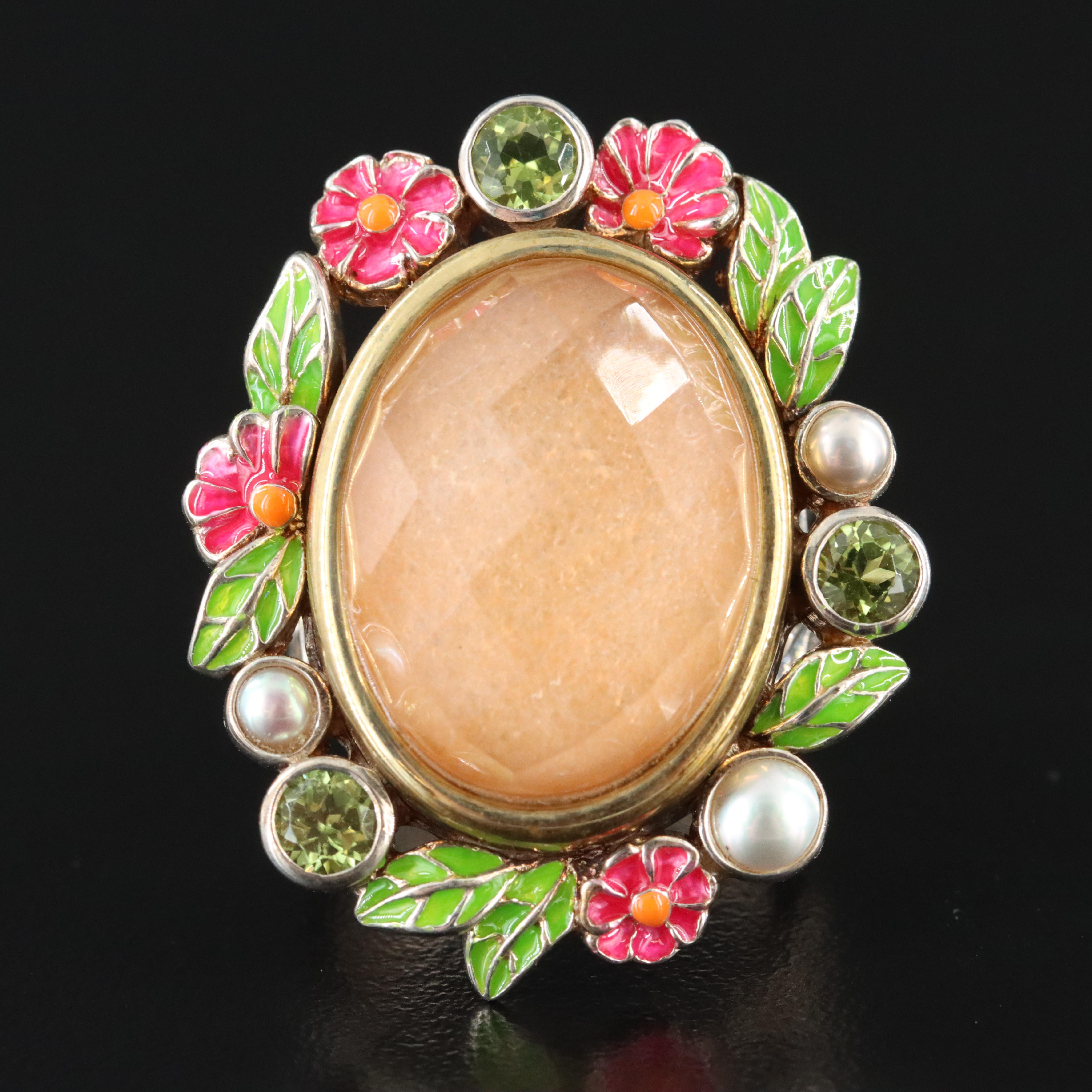 Sterling Quartz Doublet Ring with Bronze Accents Including Peridot and Pearl
