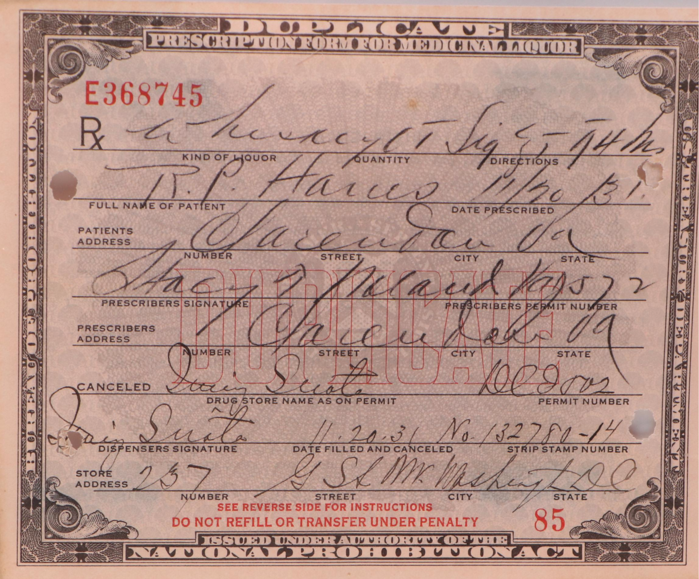 Prohibition Era Prescription Form For Whiskey, 1931