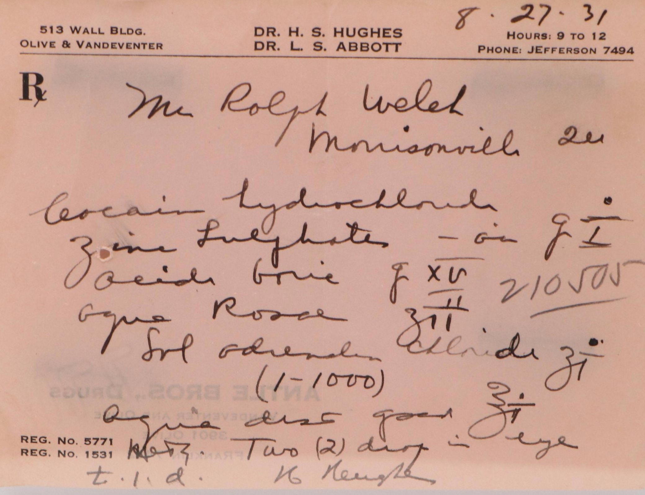 Prescription Form for Cocaine Hydrochloride, 1931
