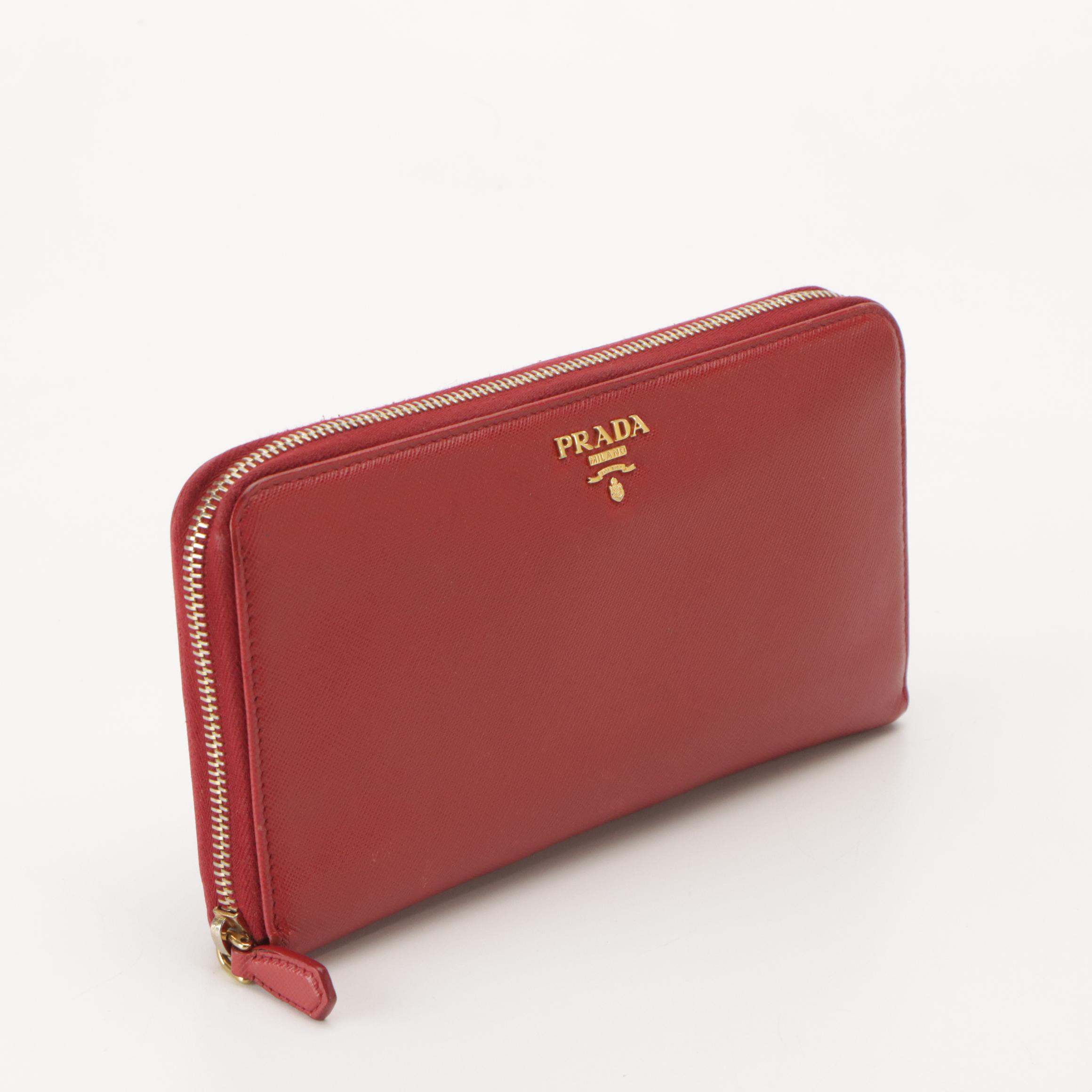 Prada Large Zip-Around Wallet in Red Saffiano Leather