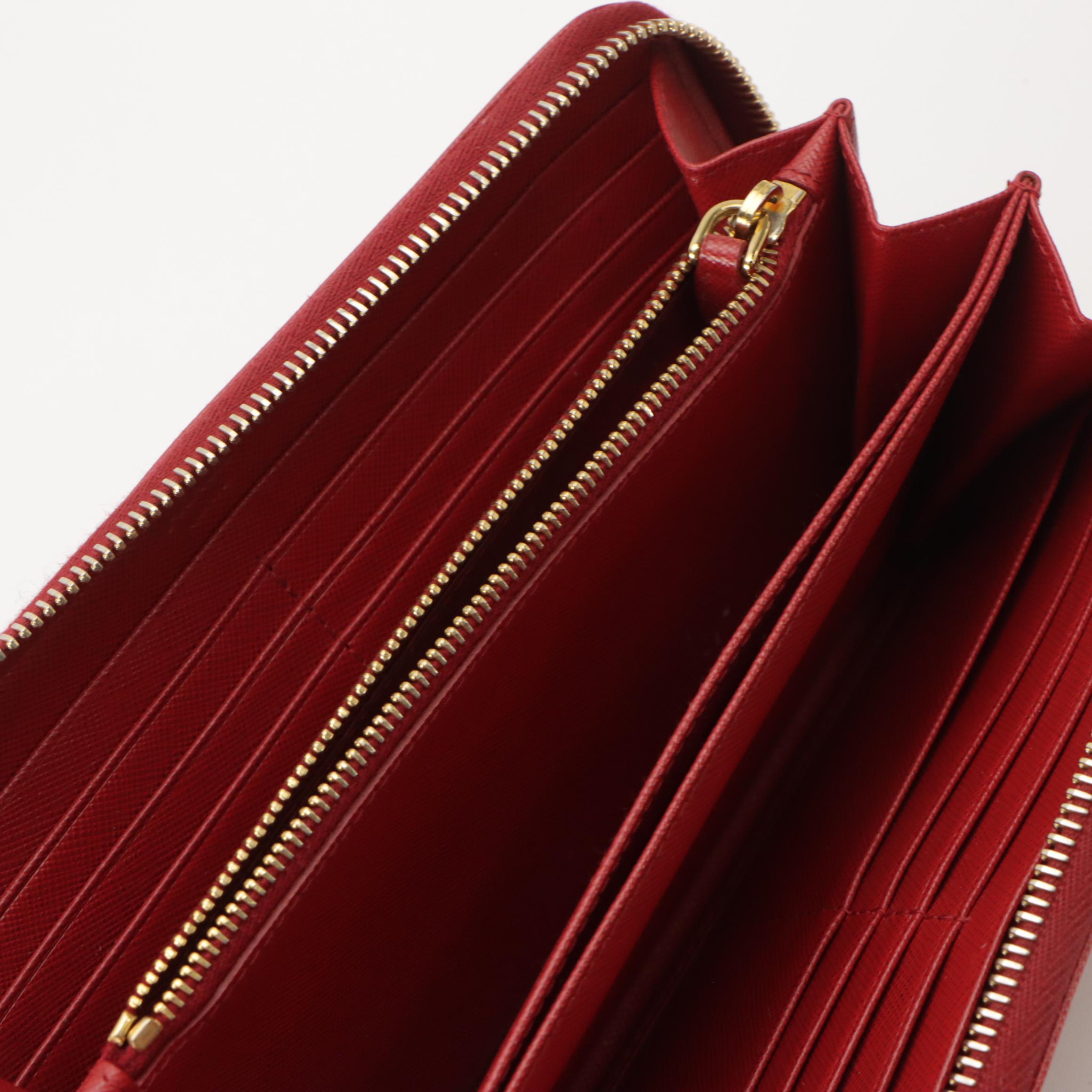 Prada Large Zip-Around Wallet in Red Saffiano Leather