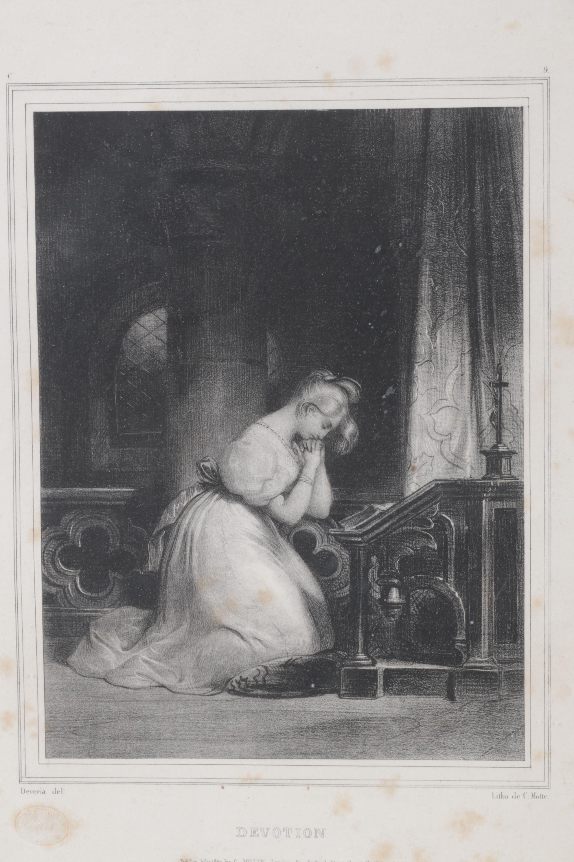 Lithograph Print "Devotion" After Achille Devéria, Mid to Late 19th C.