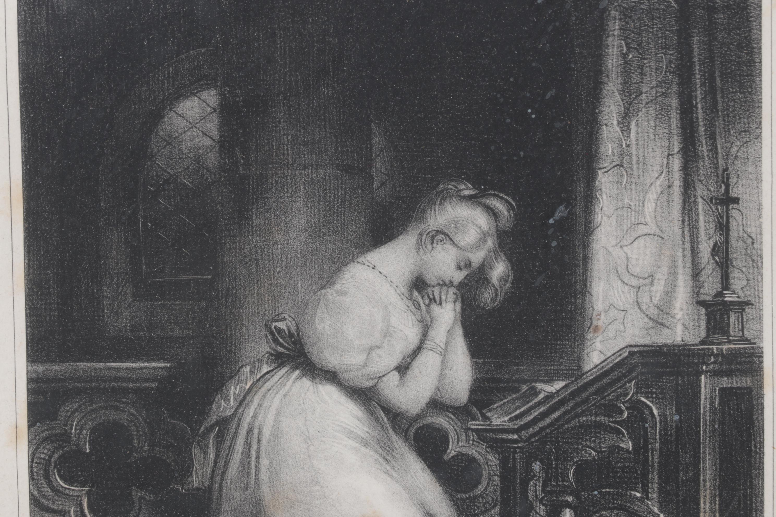 Lithograph Print "Devotion" After Achille Devéria, Mid to Late 19th C.