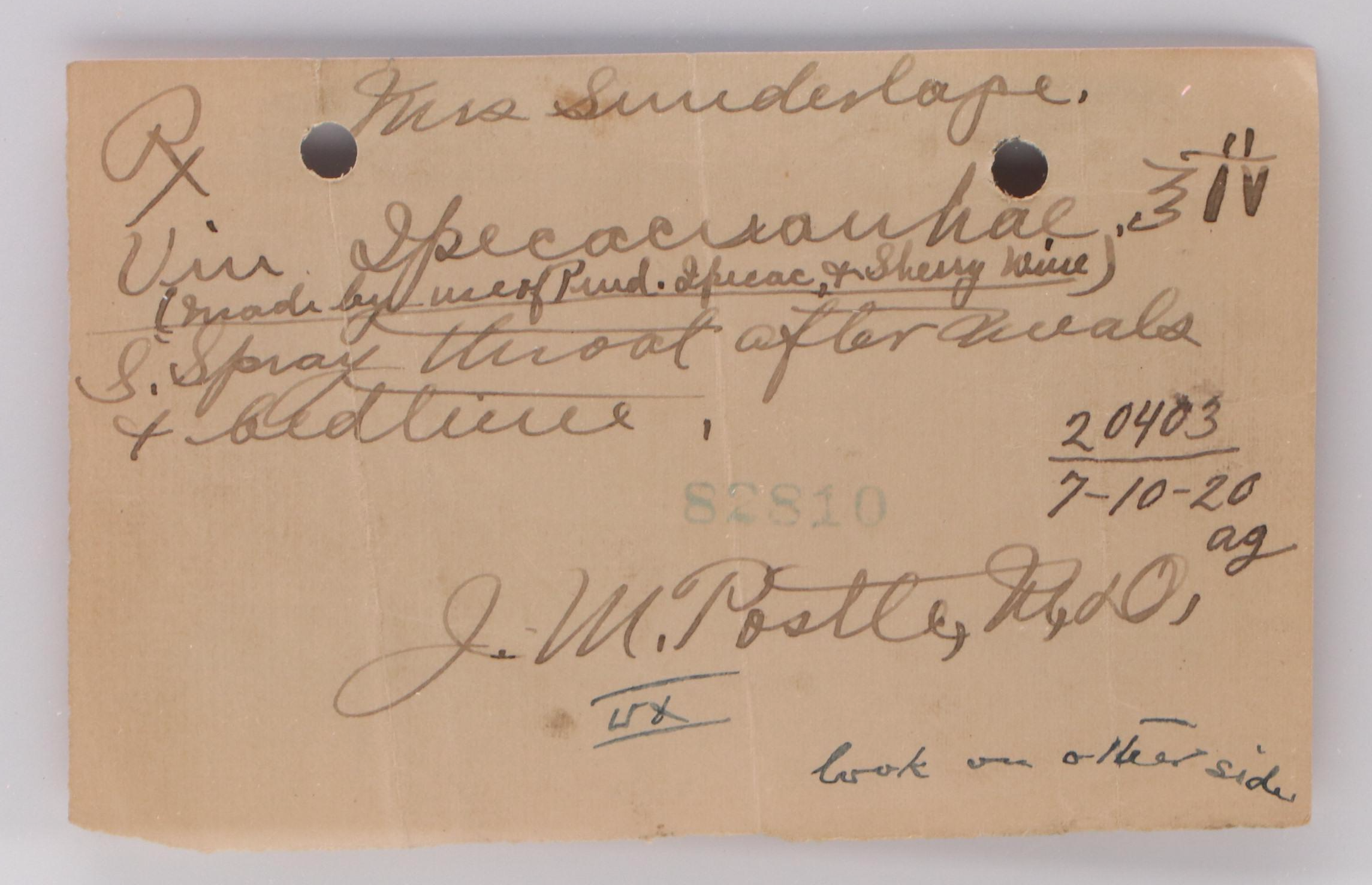 Prescription Form for Ipecacuanha, 1920