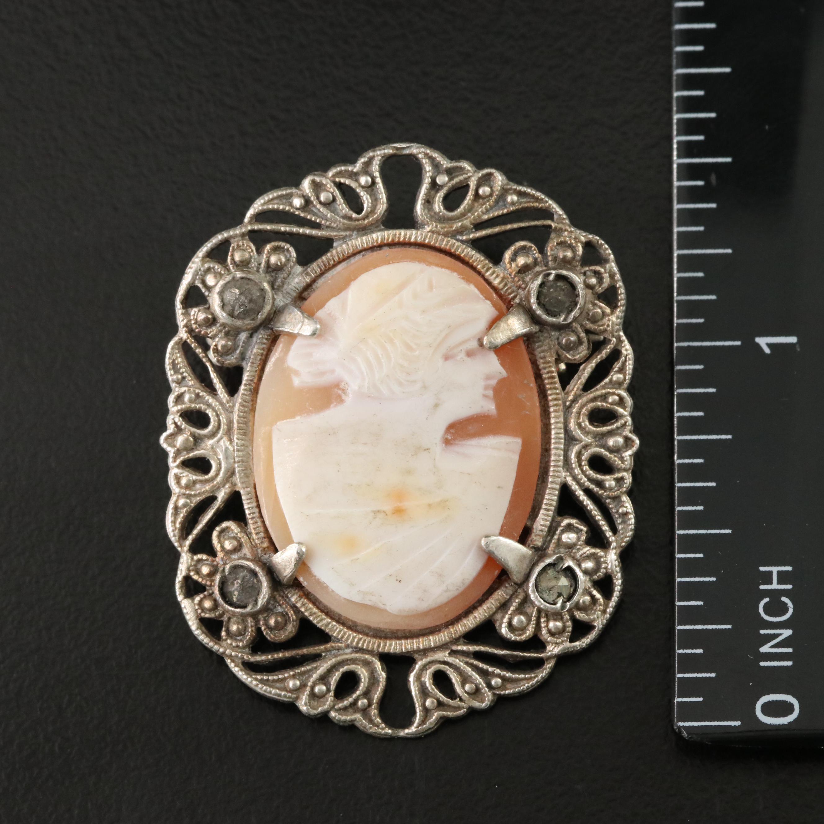 Vintage Sterling Shell and Marcasite Cameo Brooch