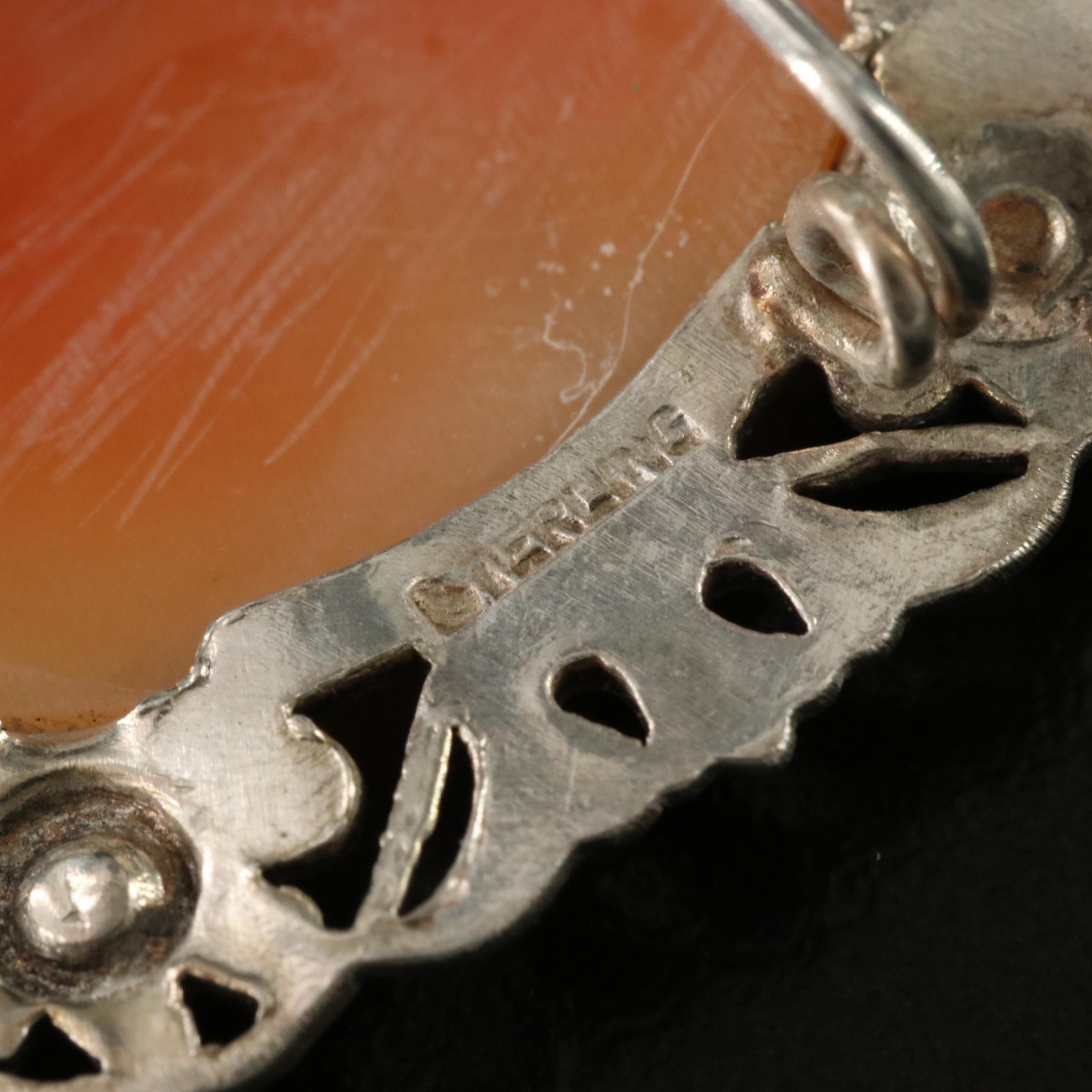 Vintage Sterling Shell and Marcasite Cameo Brooch