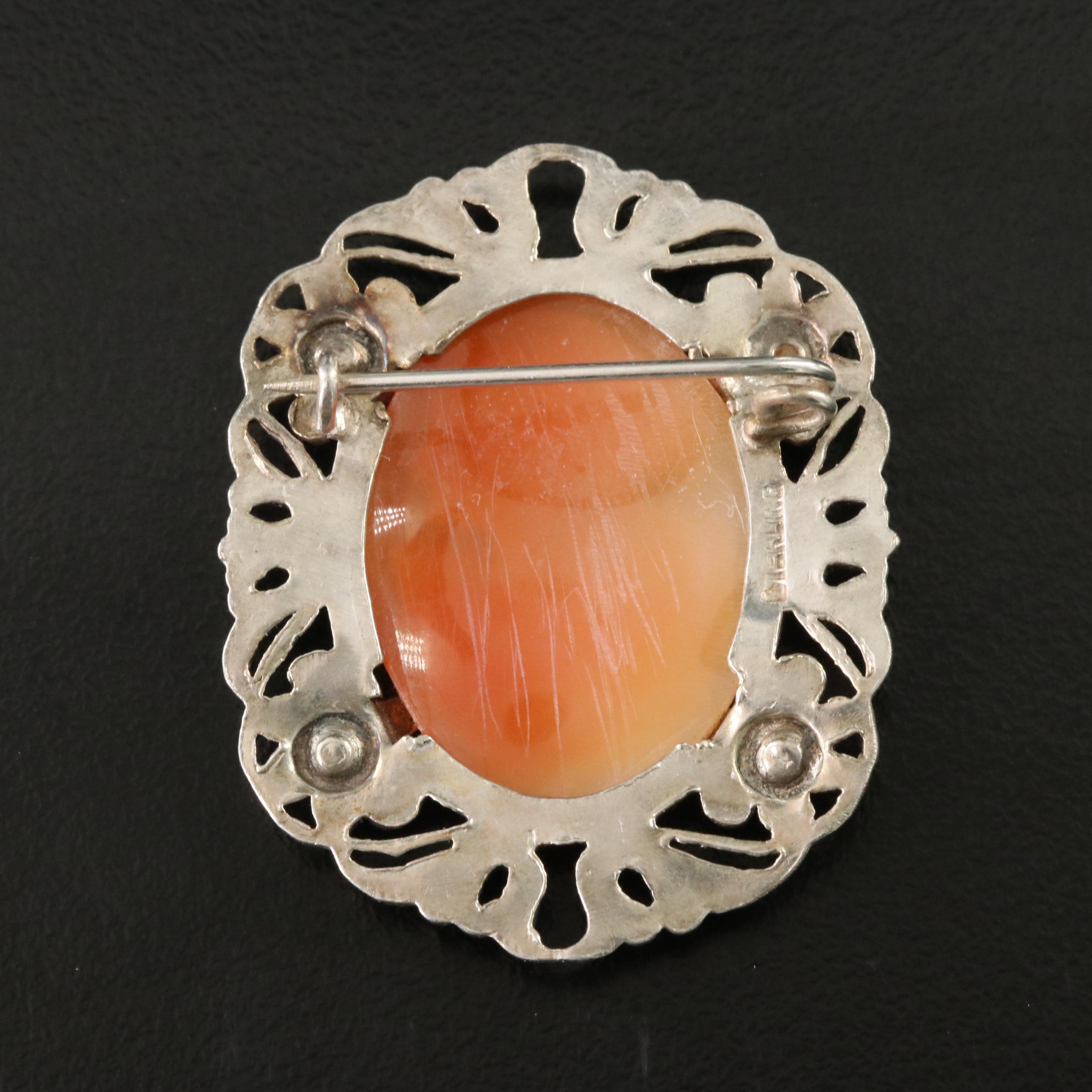 Vintage Sterling Shell and Marcasite Cameo Brooch