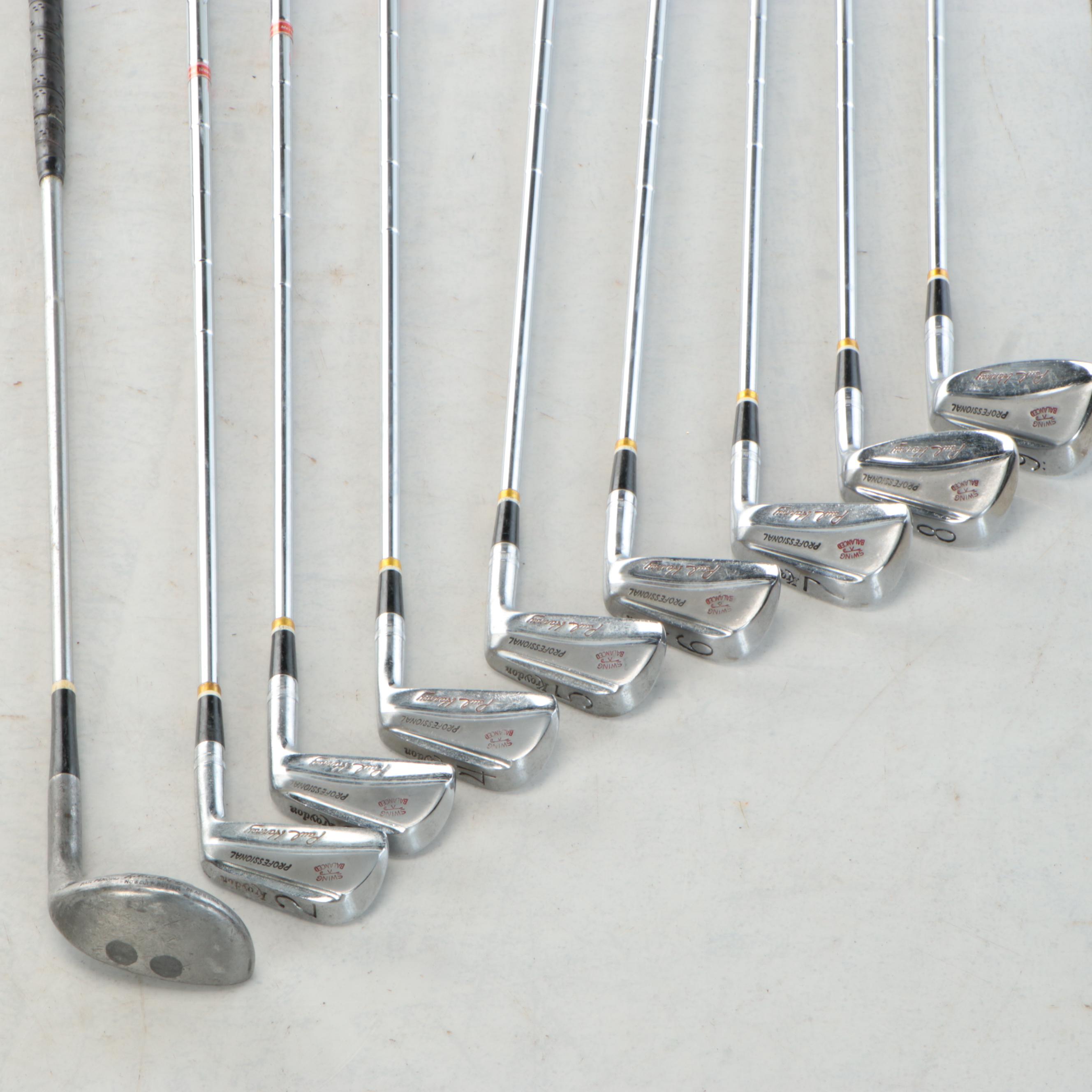 Leather & Canvas Golf Bag, Paul Harney & Wilson Hickory Irons, Persimmon Woods