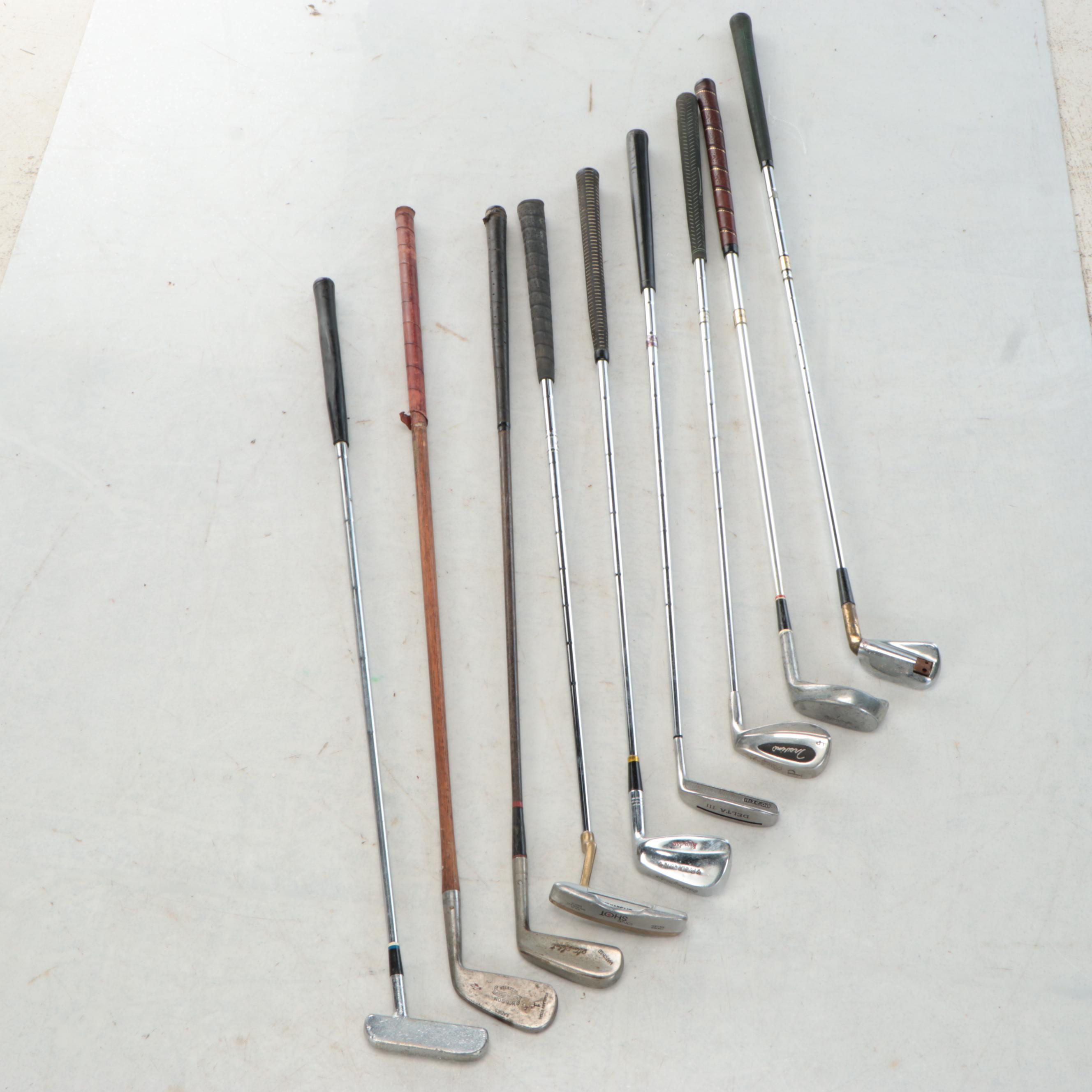 Leather & Canvas Golf Bag, Paul Harney & Wilson Hickory Irons, Persimmon Woods