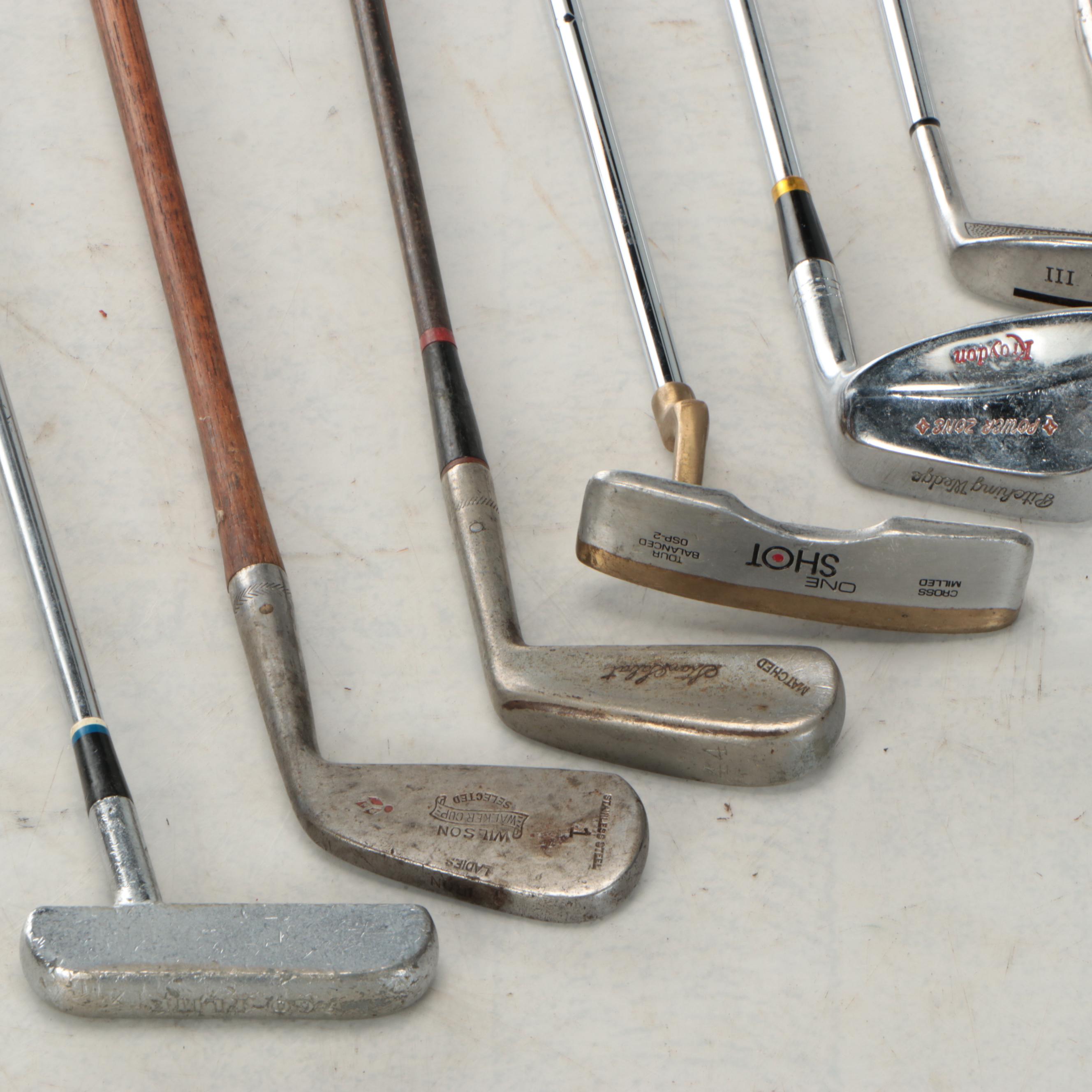 Leather & Canvas Golf Bag, Paul Harney & Wilson Hickory Irons, Persimmon Woods