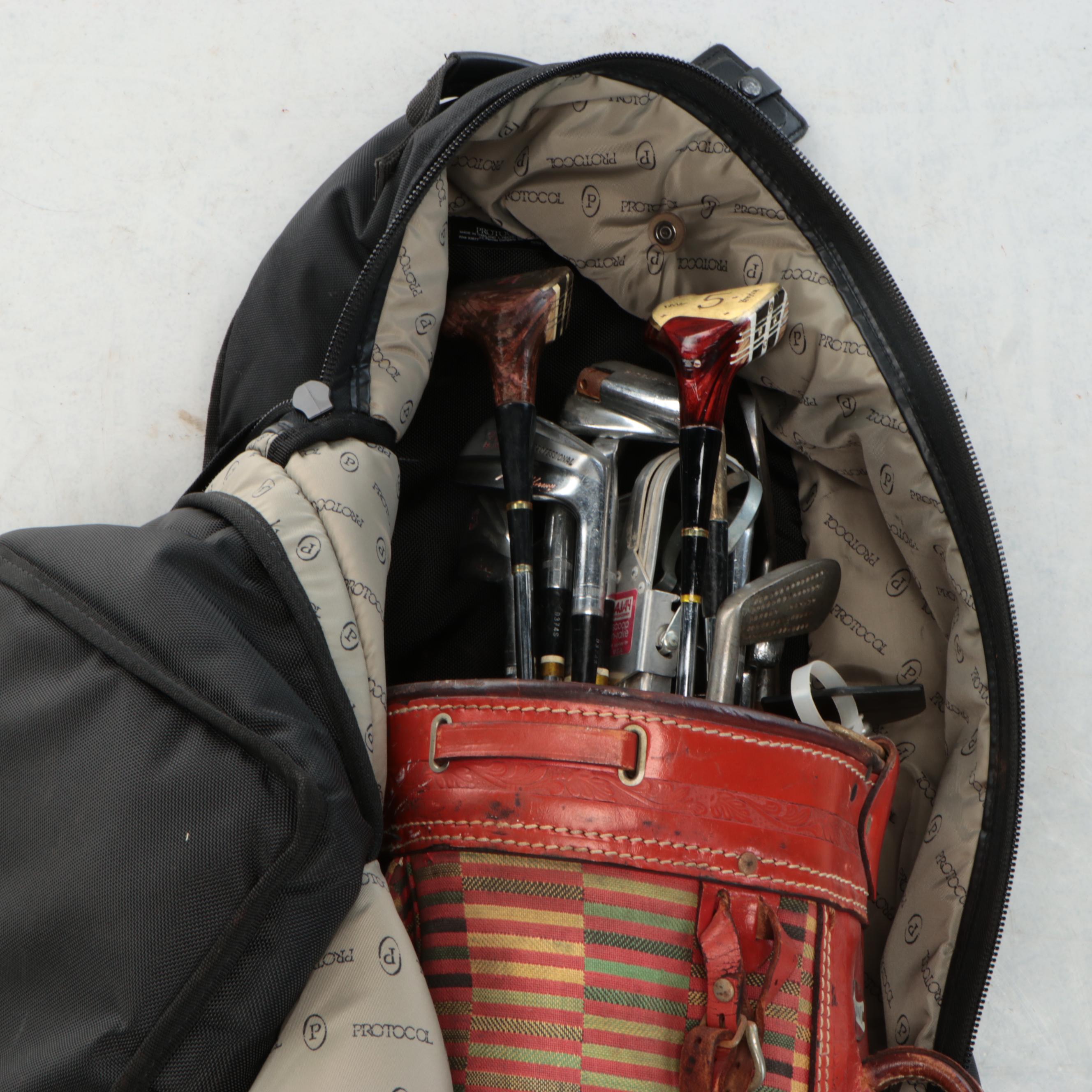 Leather & Canvas Golf Bag, Paul Harney & Wilson Hickory Irons, Persimmon Woods