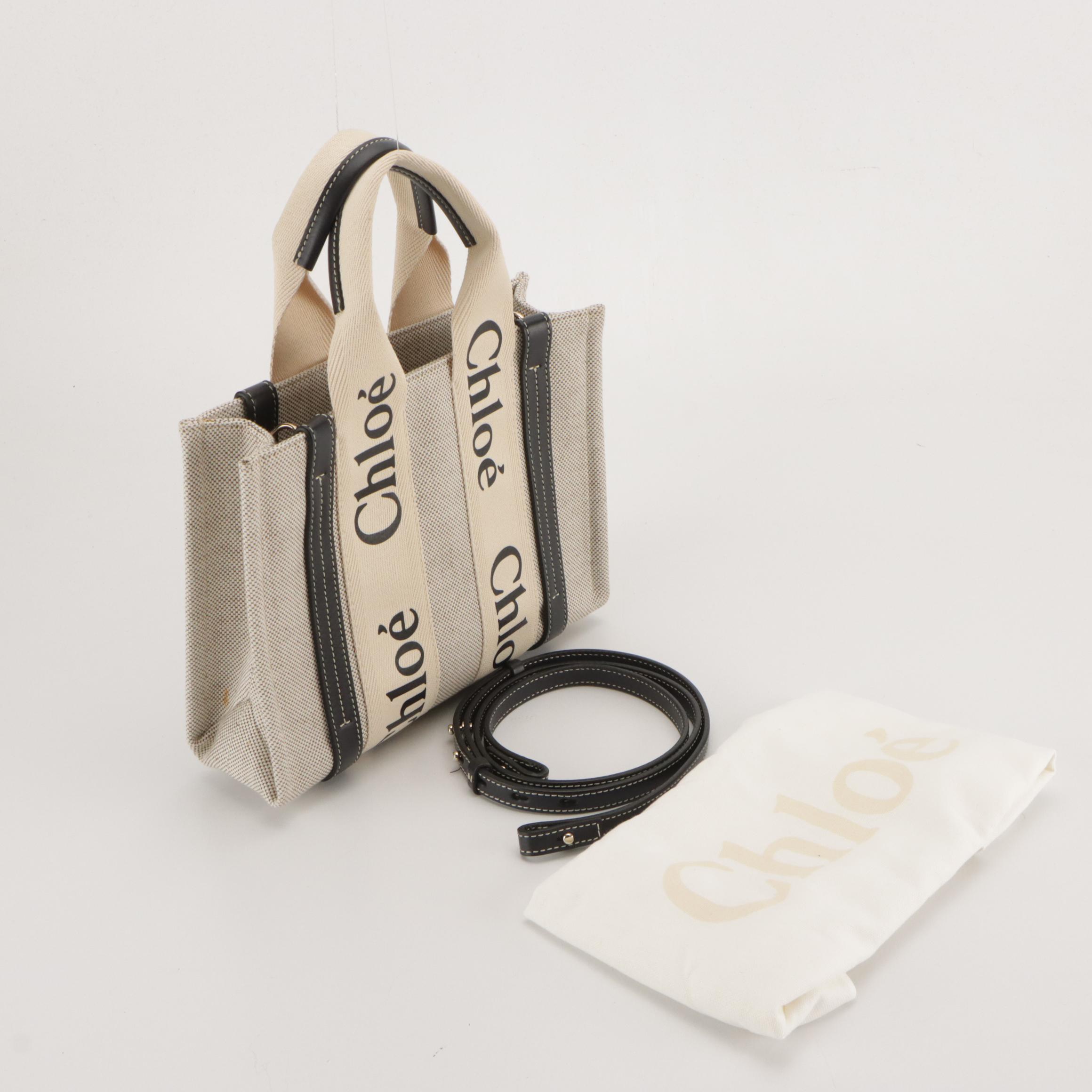 Chloé Small Woody Two-Way Tote in Beige Cotton Canvas and Navy Leather Trim