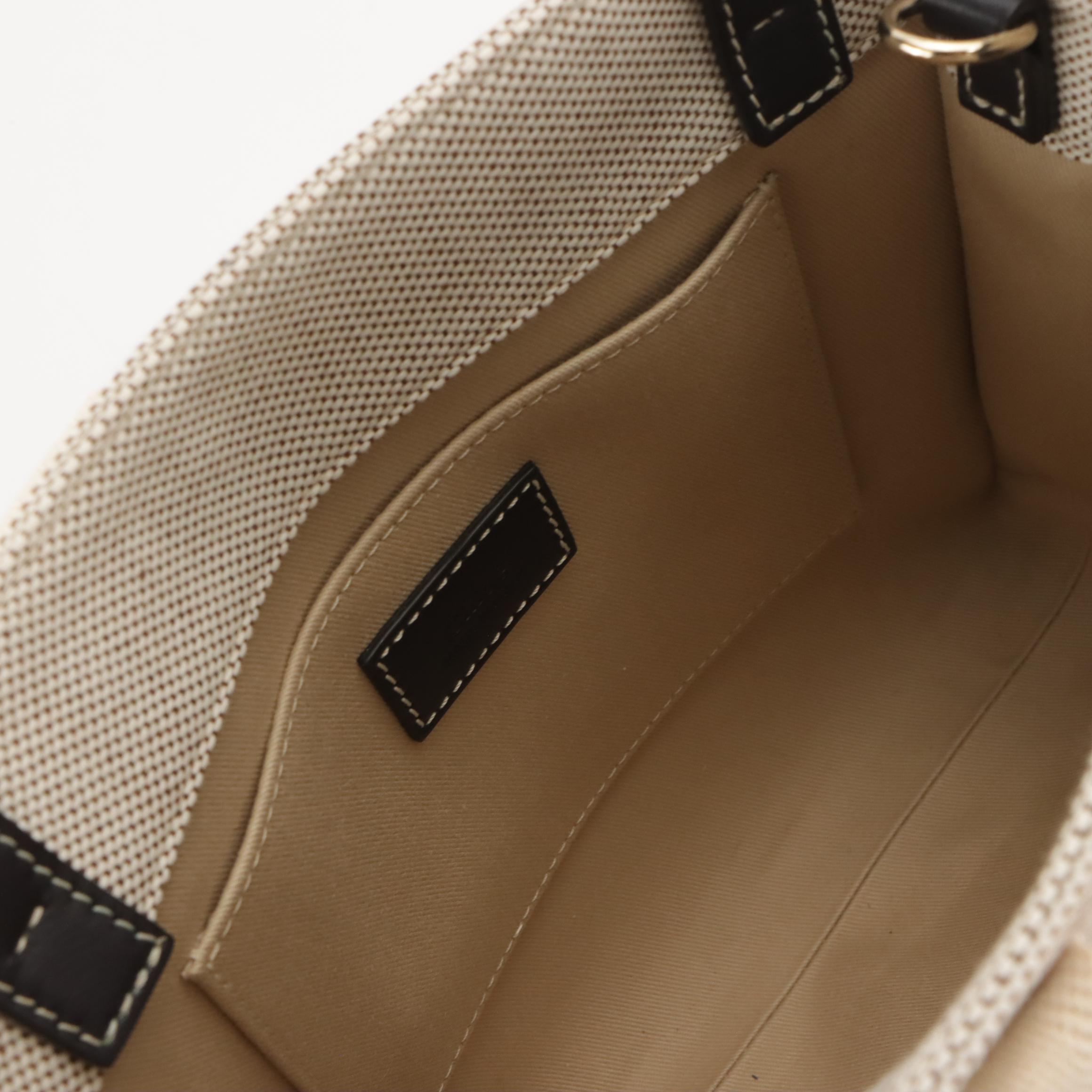 Chloé Small Woody Two-Way Tote in Beige Cotton Canvas and Navy Leather Trim