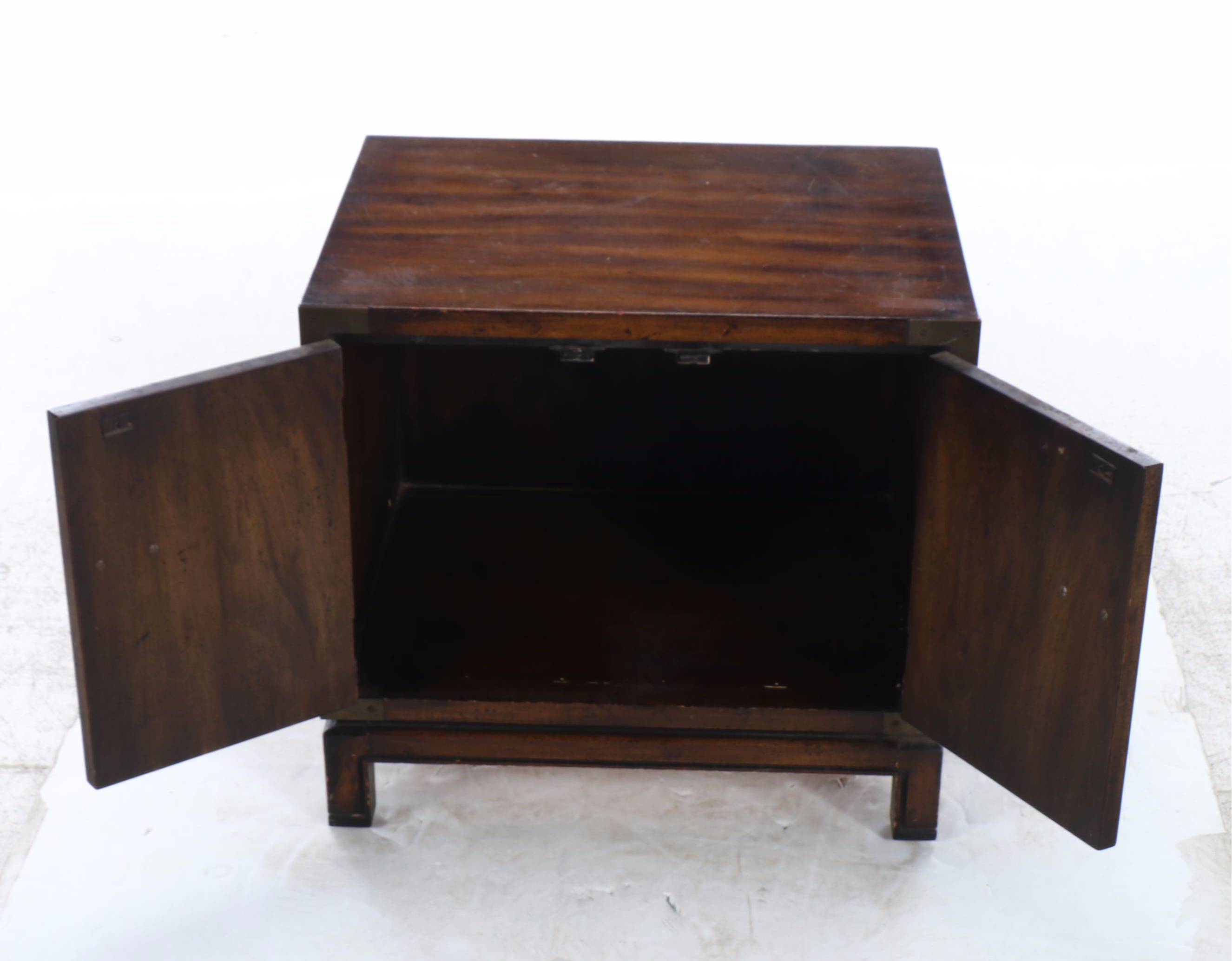 Campaign Style Walnut Veneered Nightstand with Faux Cane Doors, Late 20th C.