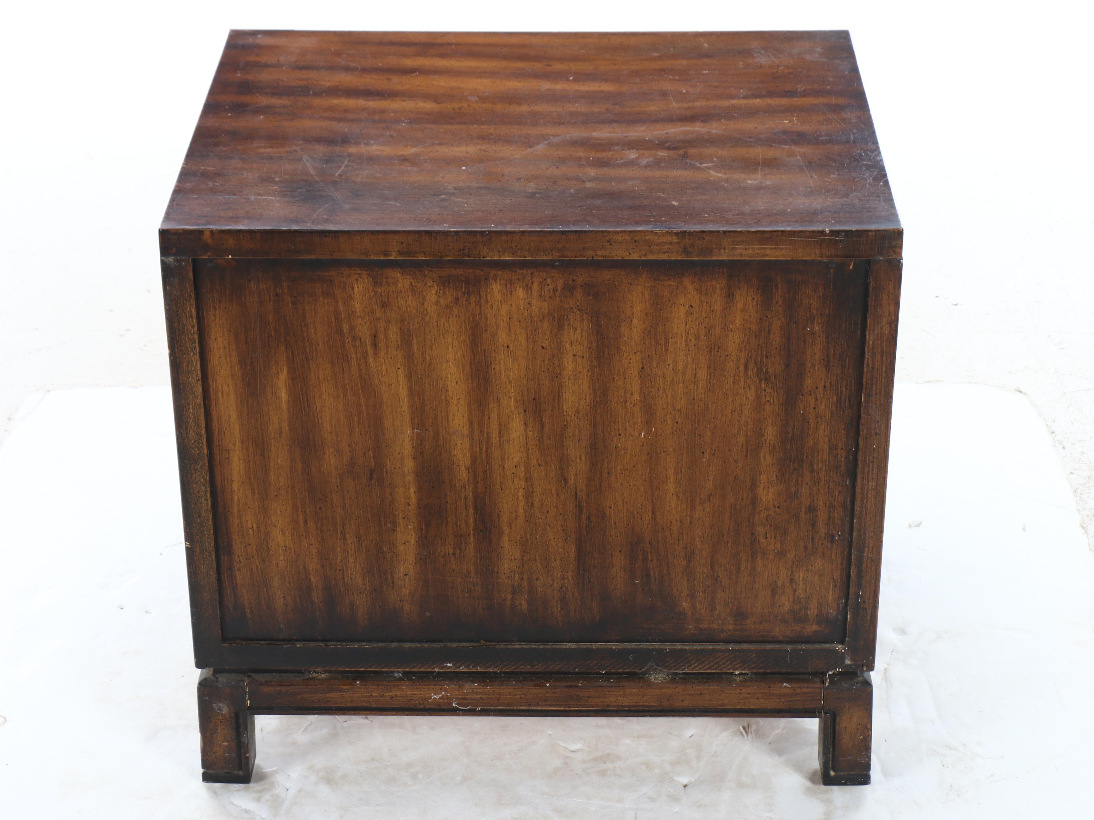 Campaign Style Walnut Veneered Nightstand with Faux Cane Doors, Late 20th C.