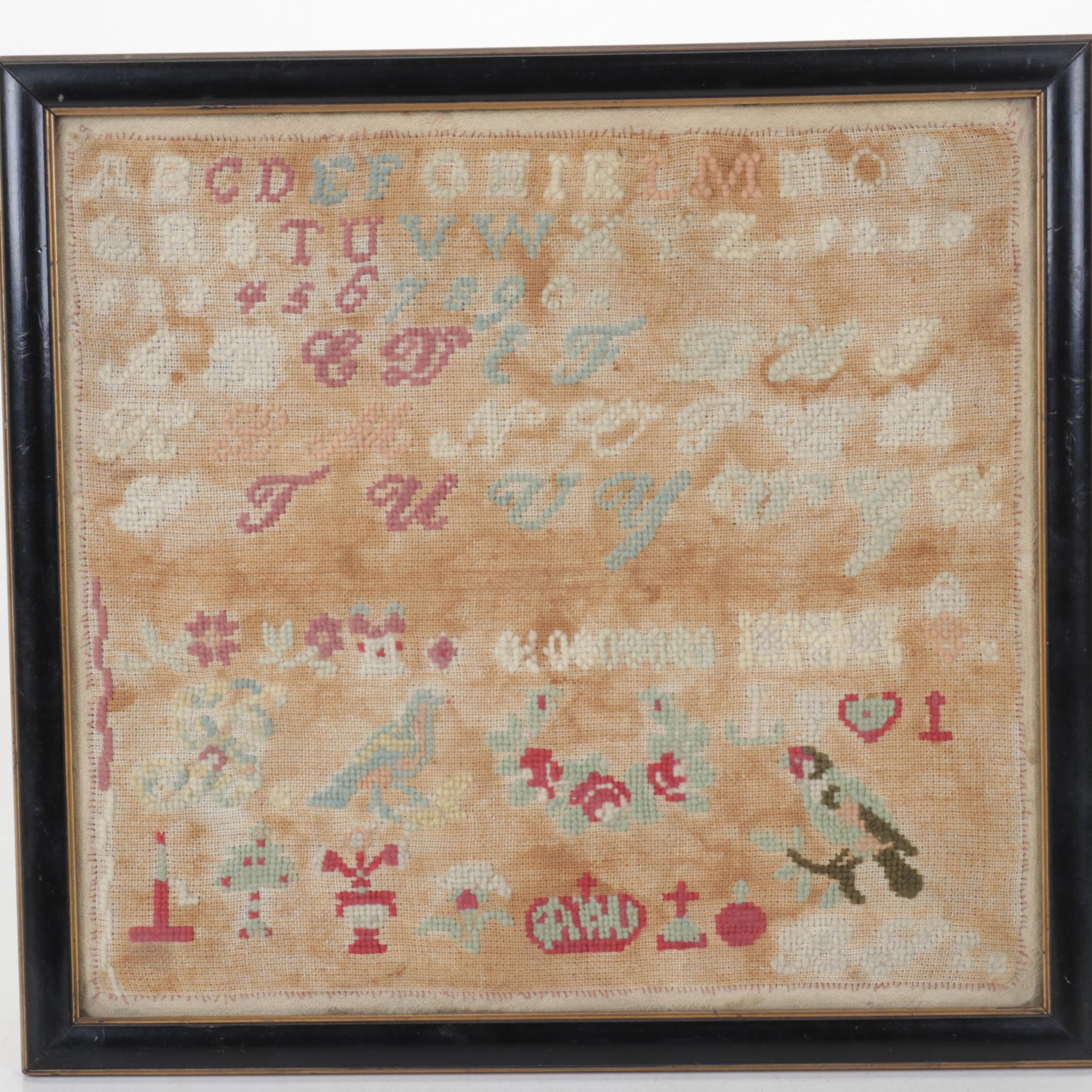 Framed Cross-Stitch Sampler, Vintage