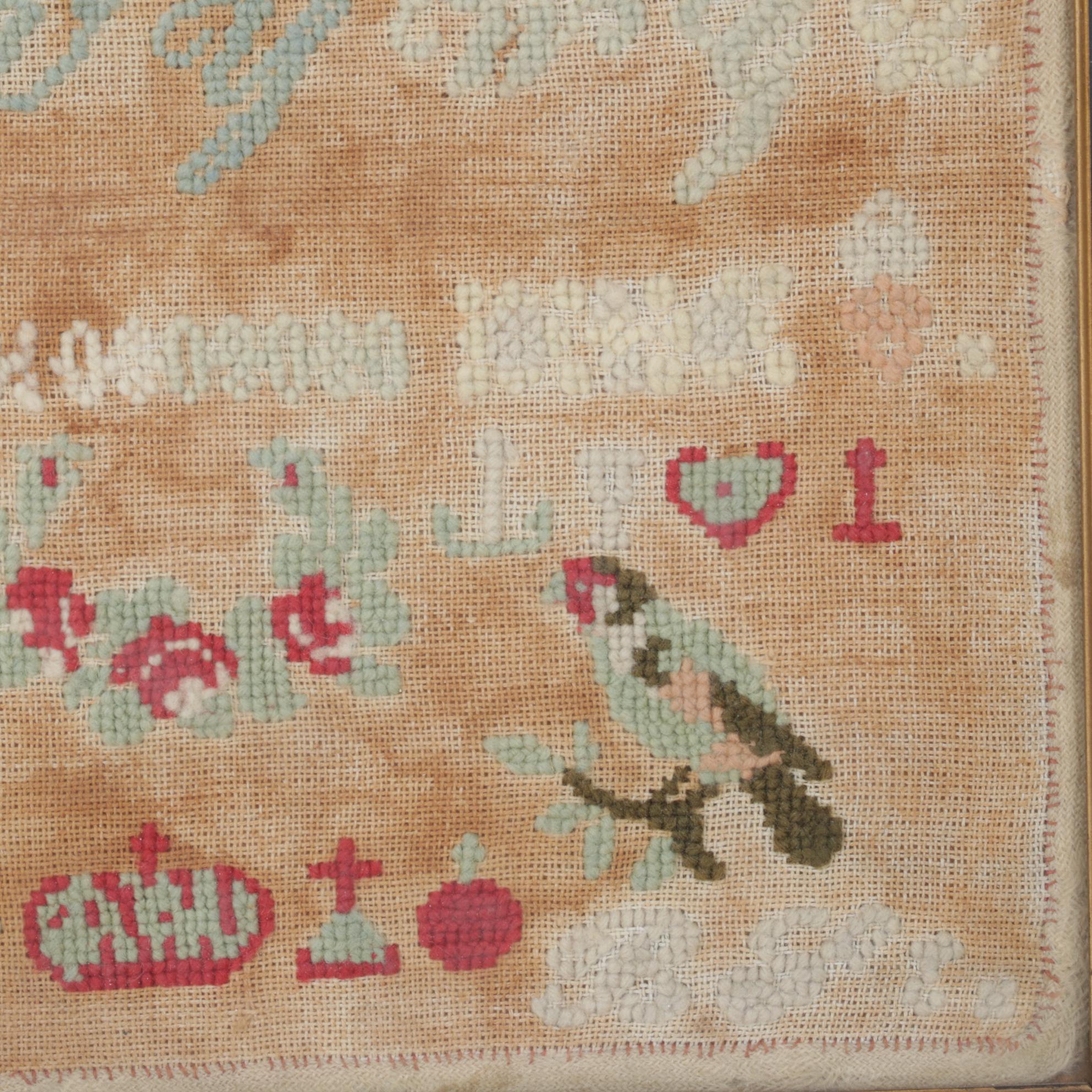 Framed Cross-Stitch Sampler, Vintage