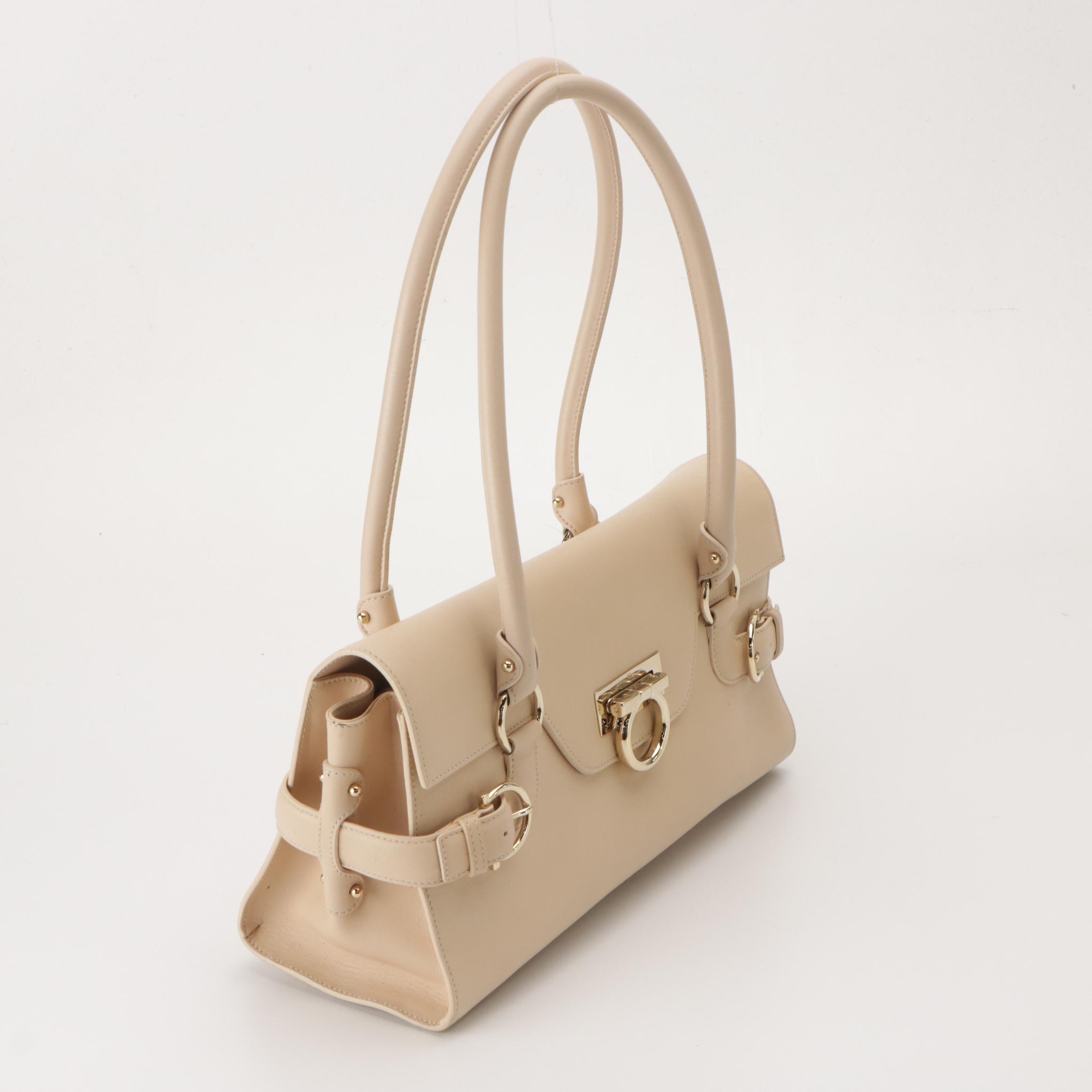 Salvatore Ferragamo Belted Gancini Flap Shoulder Bag in Alabaster Calf Leather