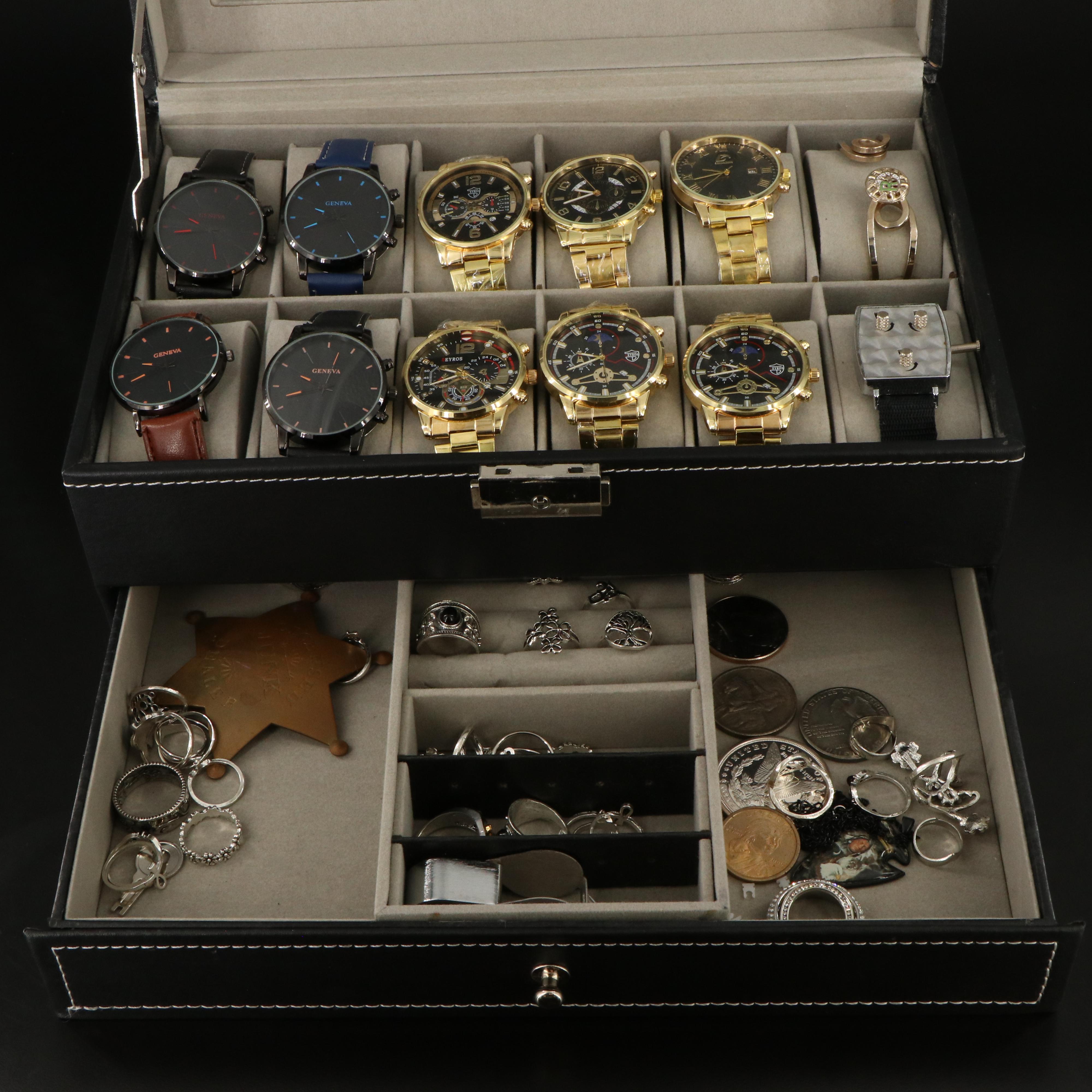 Collection of Quartz Wristwatches Featuring Geneva with Jewelry and Coins