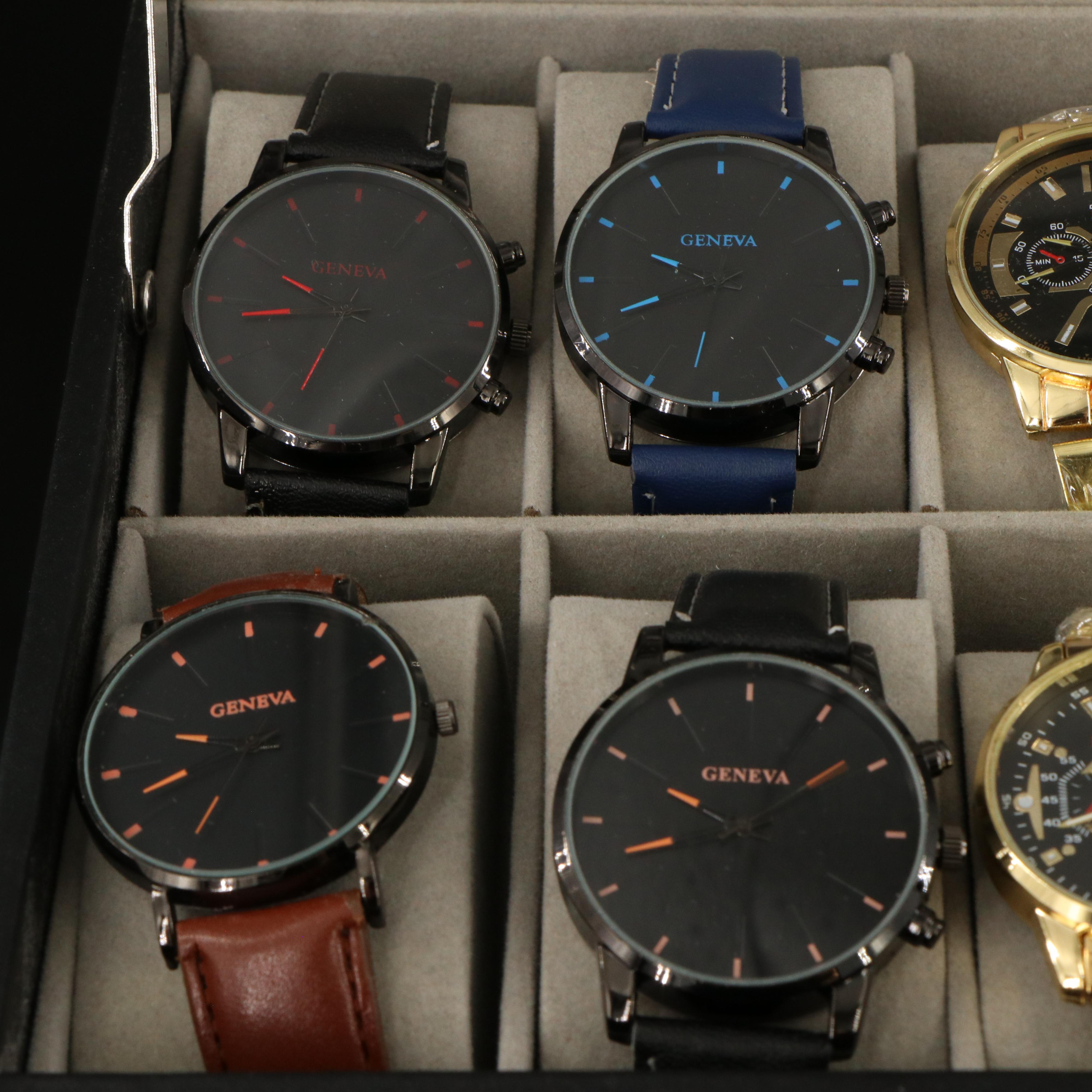 Collection of Quartz Wristwatches Featuring Geneva with Jewelry and Coins