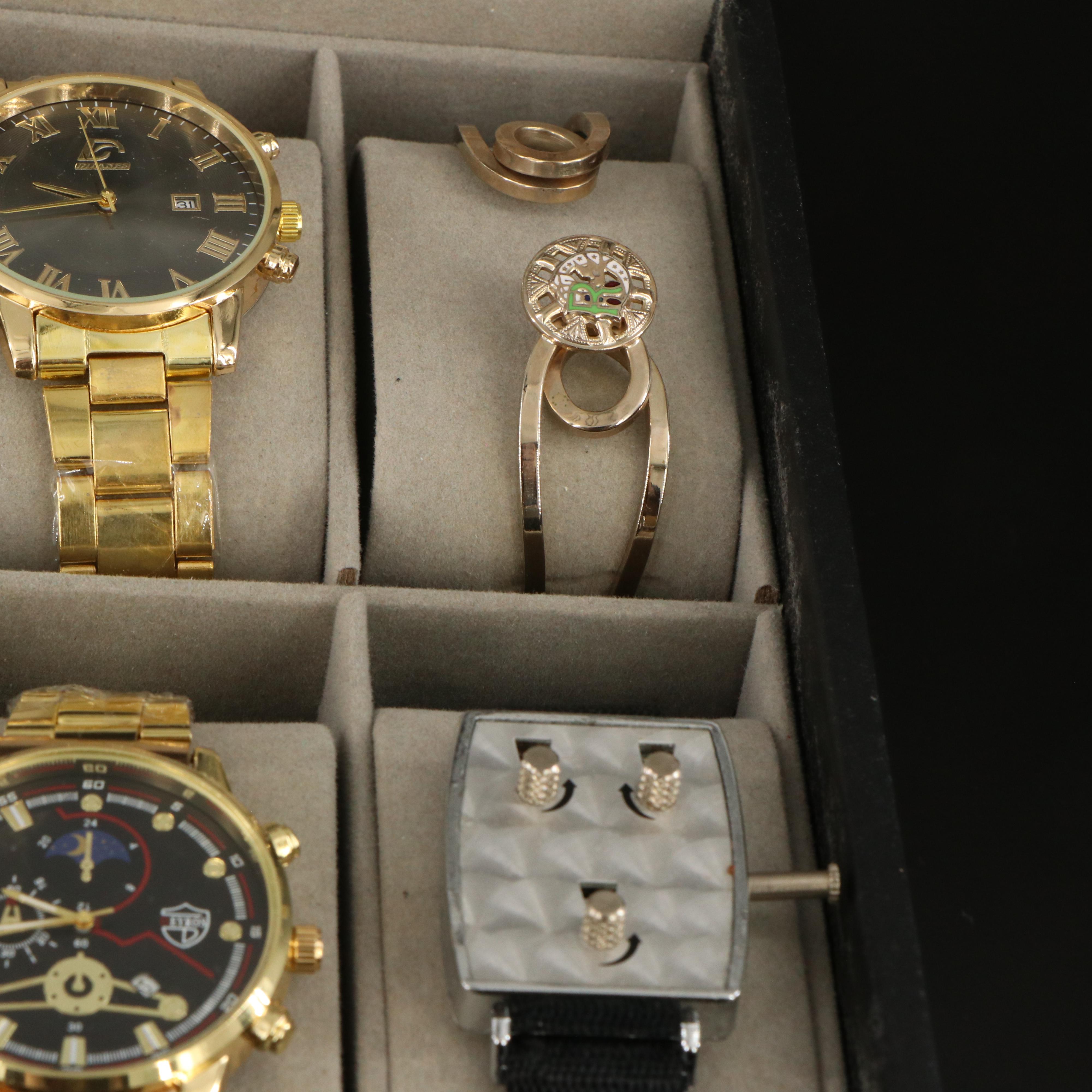 Collection of Quartz Wristwatches Featuring Geneva with Jewelry and Coins