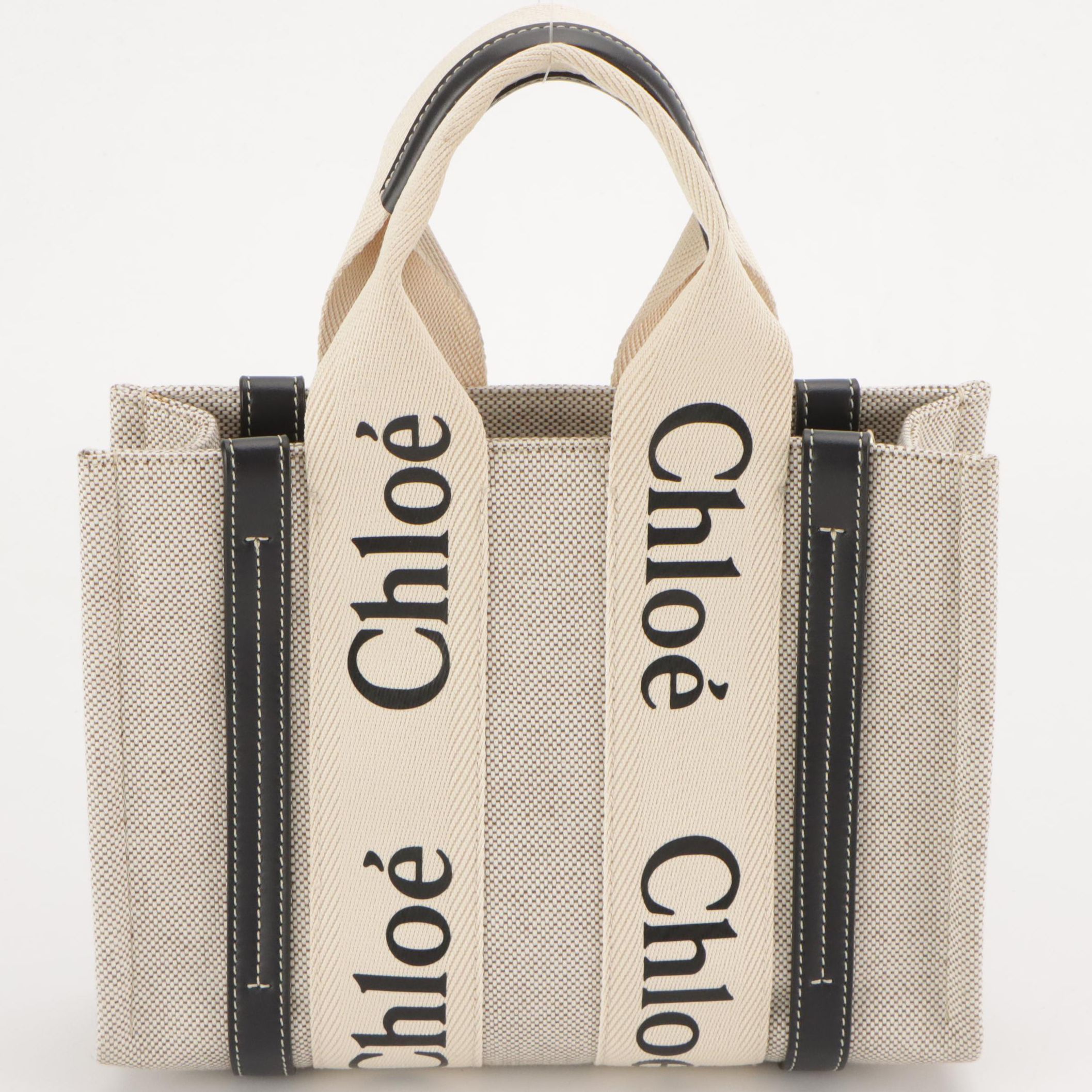 Chloé Small Woody Two-Way Tote in Beige Cotton Canvas and Navy Leather Trim