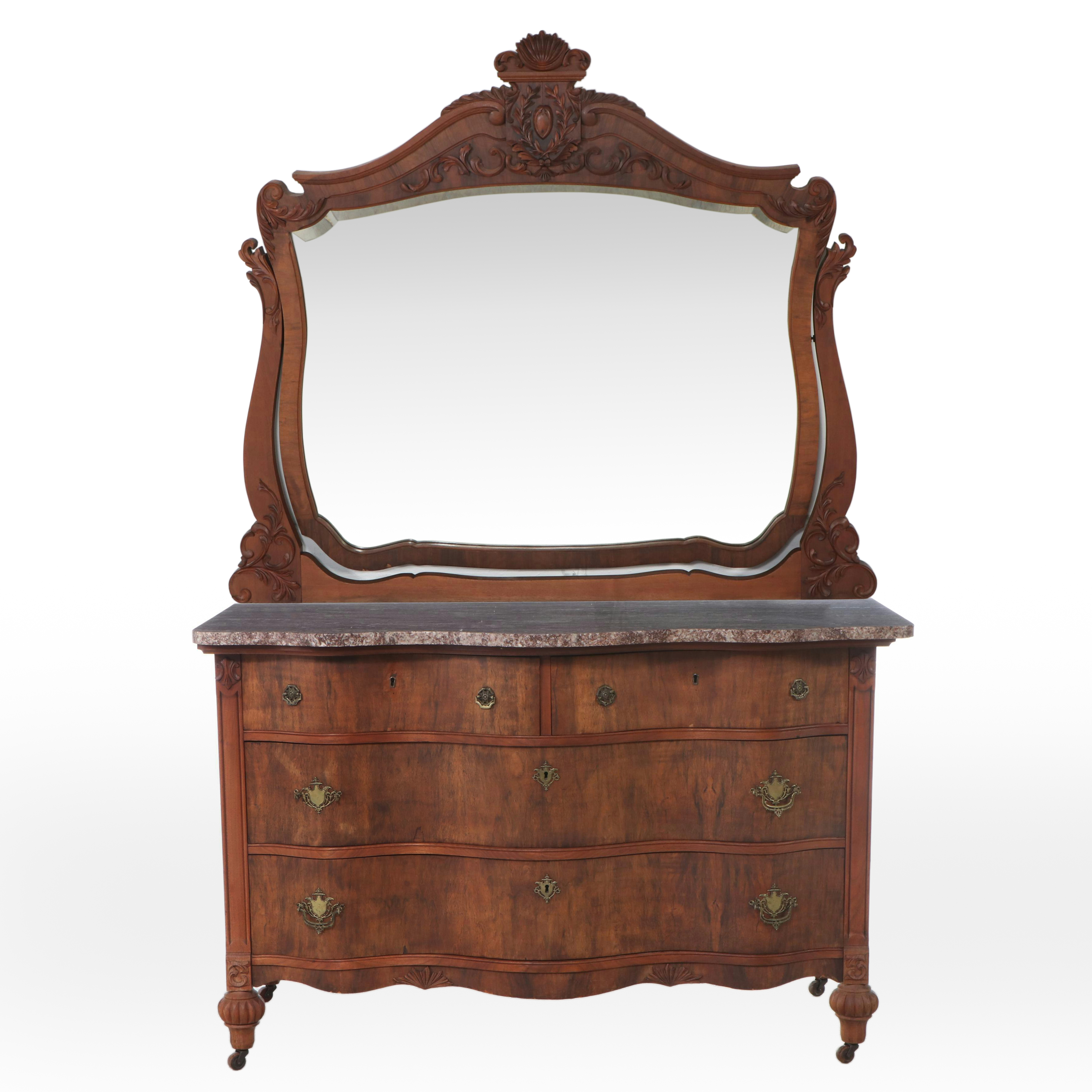 Serpentine Front Burl Wood Dresser with Marble Top