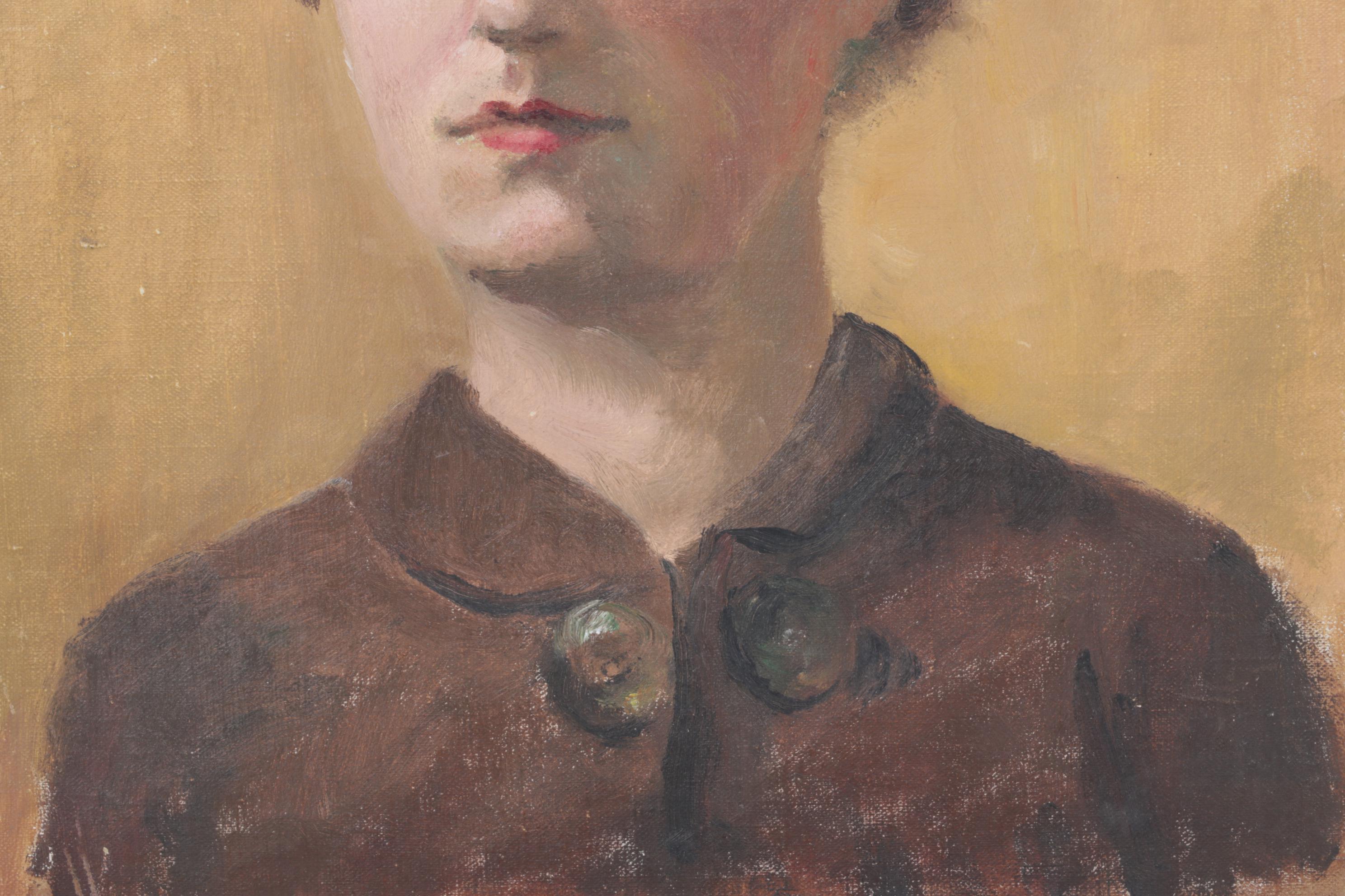 Oil Painting of Woman on Canvas Attached to Wooden Panel, Unsigned, circa 1930