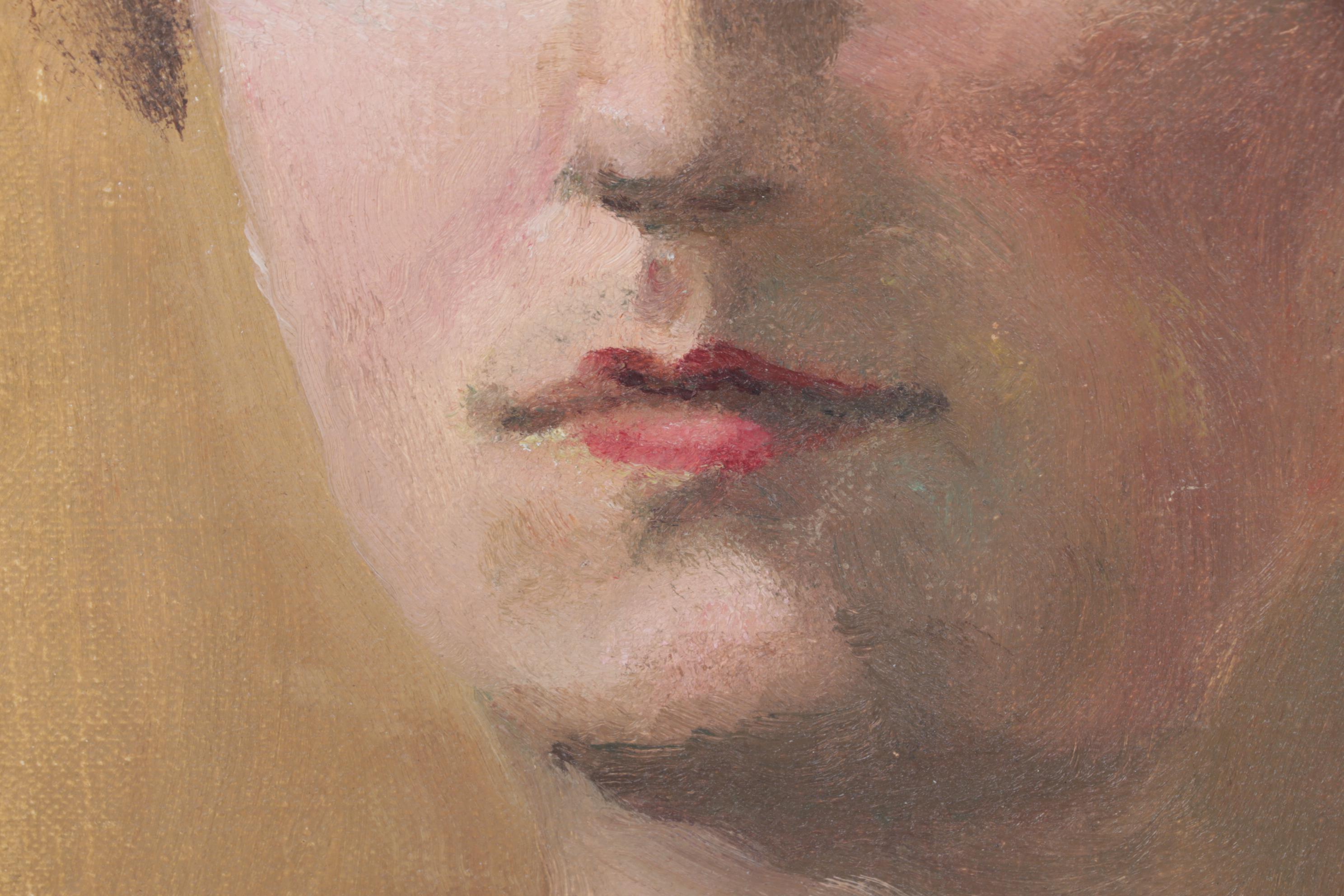 Oil Painting of Woman on Canvas Attached to Wooden Panel, Unsigned, circa 1930