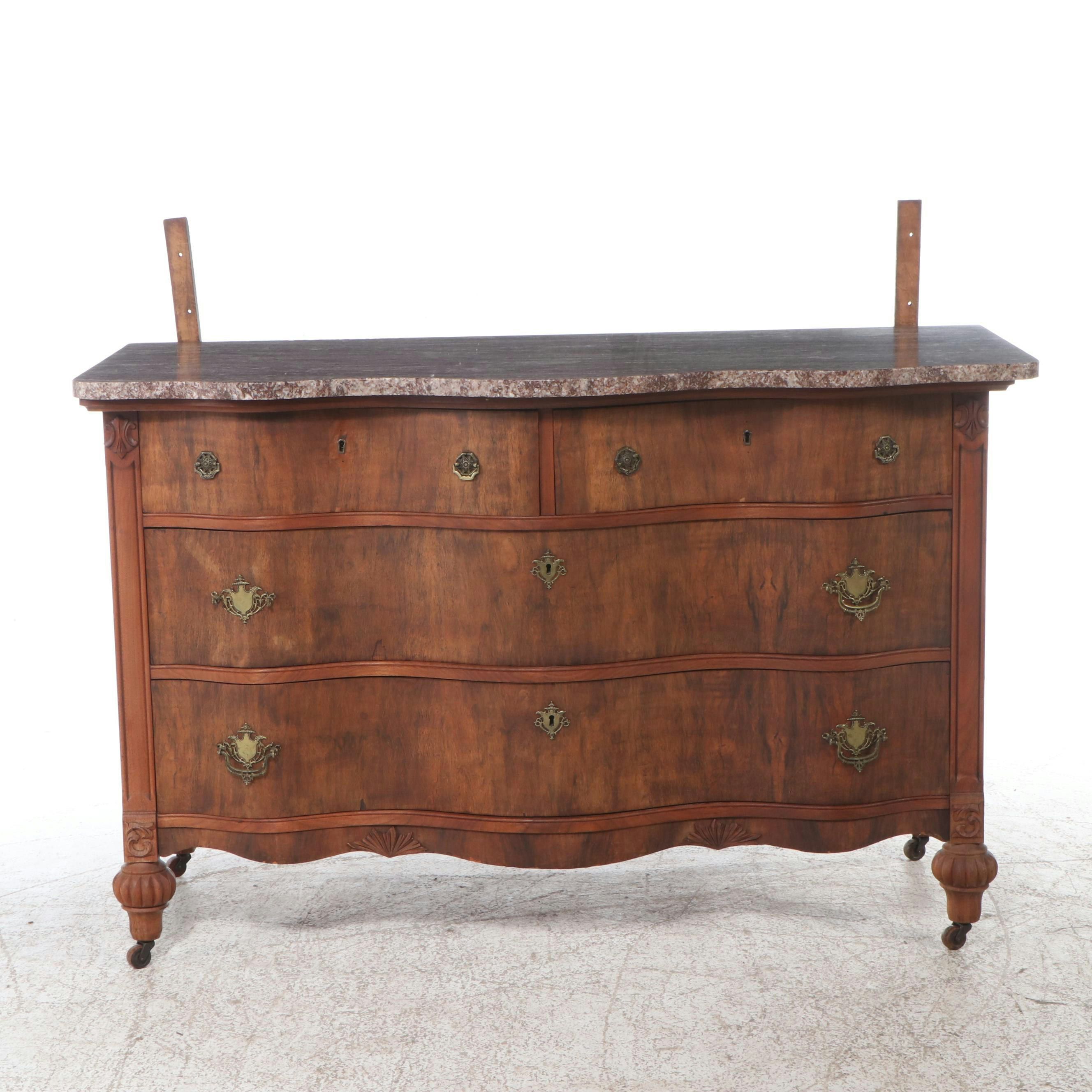 Serpentine Front Burl Wood Dresser with Marble Top