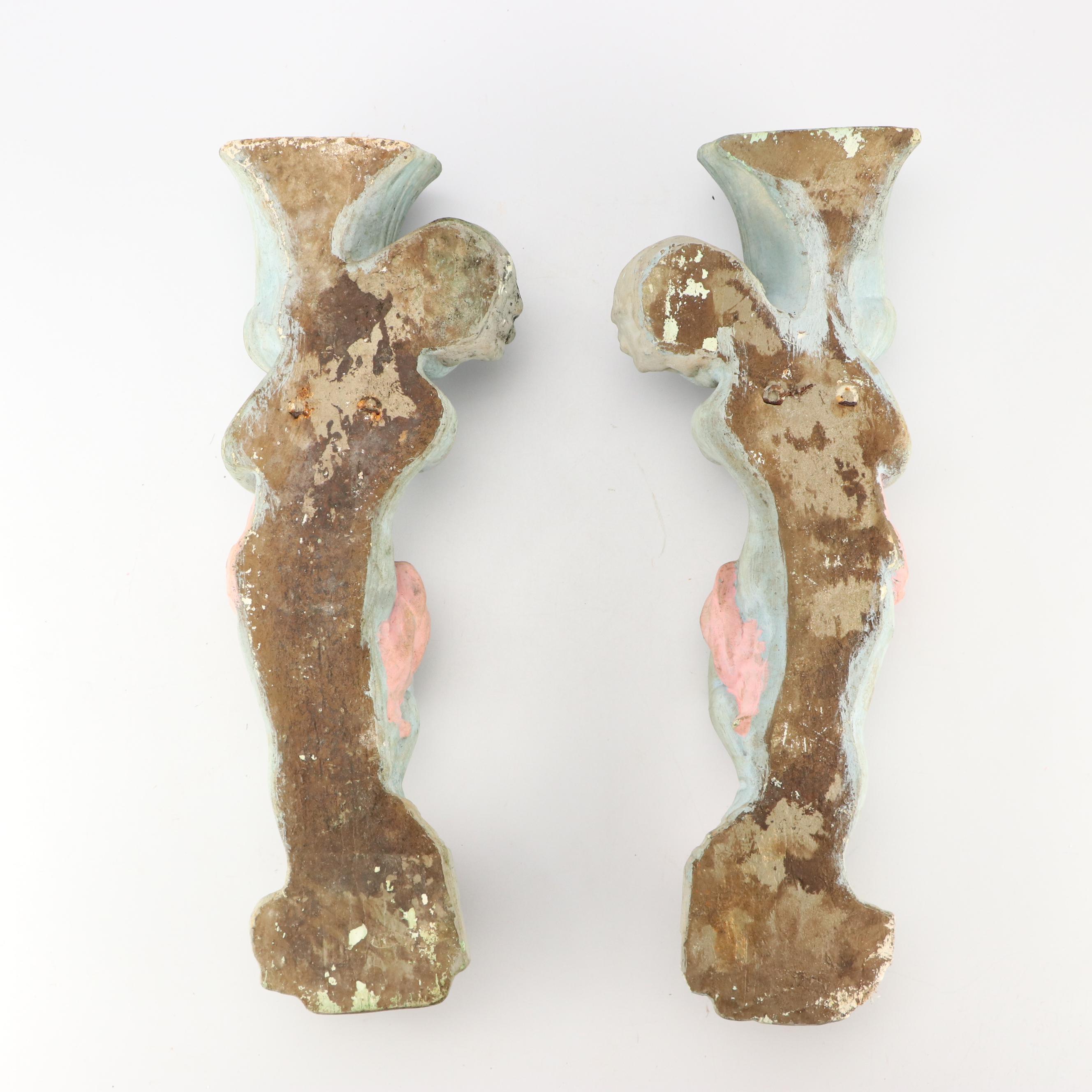 Pair of Baroque Style Paint-Decorated Concrete Cherub Wall Pockets