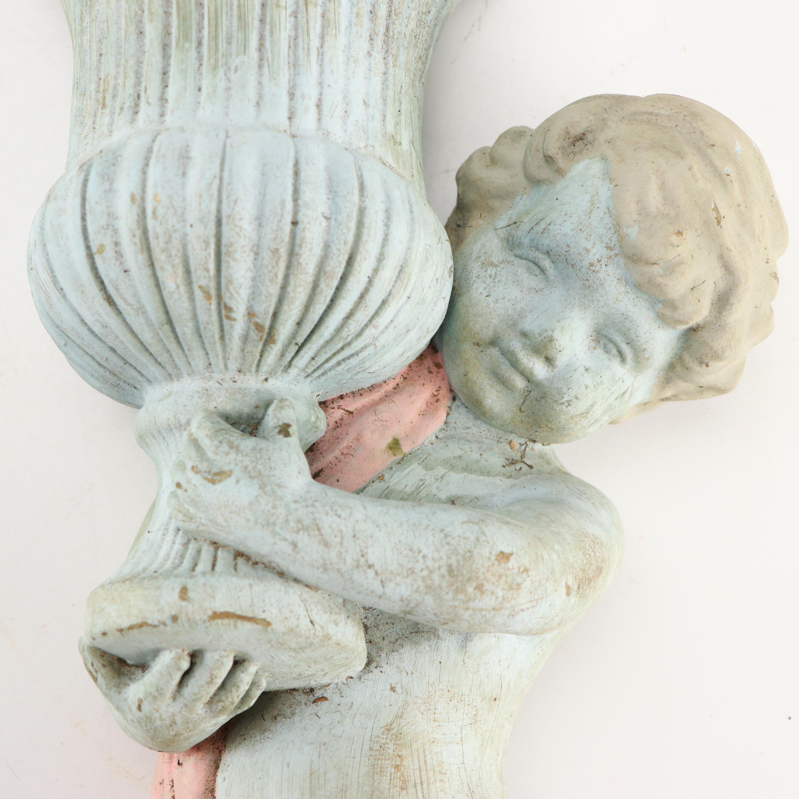 Pair of Baroque Style Paint-Decorated Concrete Cherub Wall Pockets