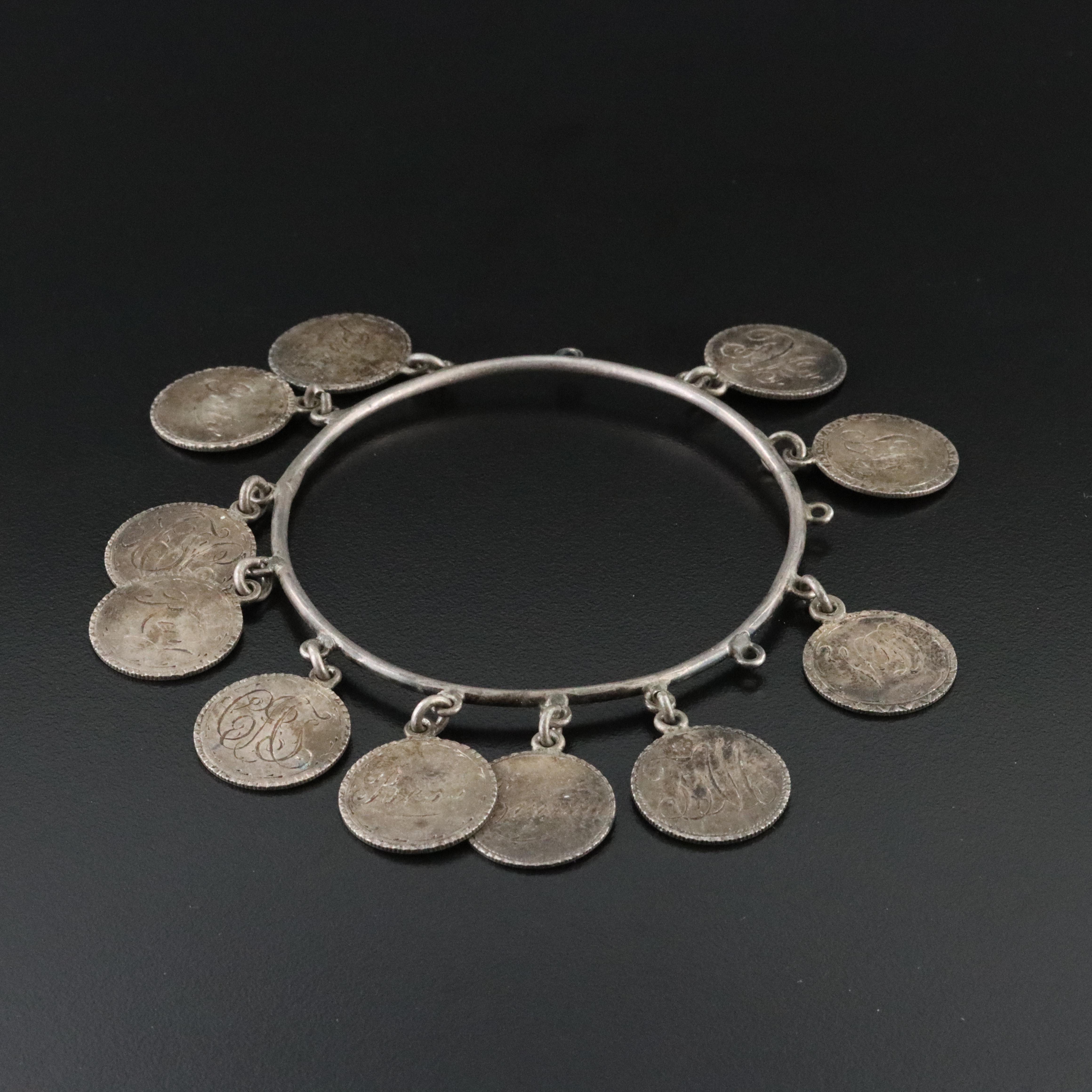 Victorian Sterling Love Token Bangle Bracelet