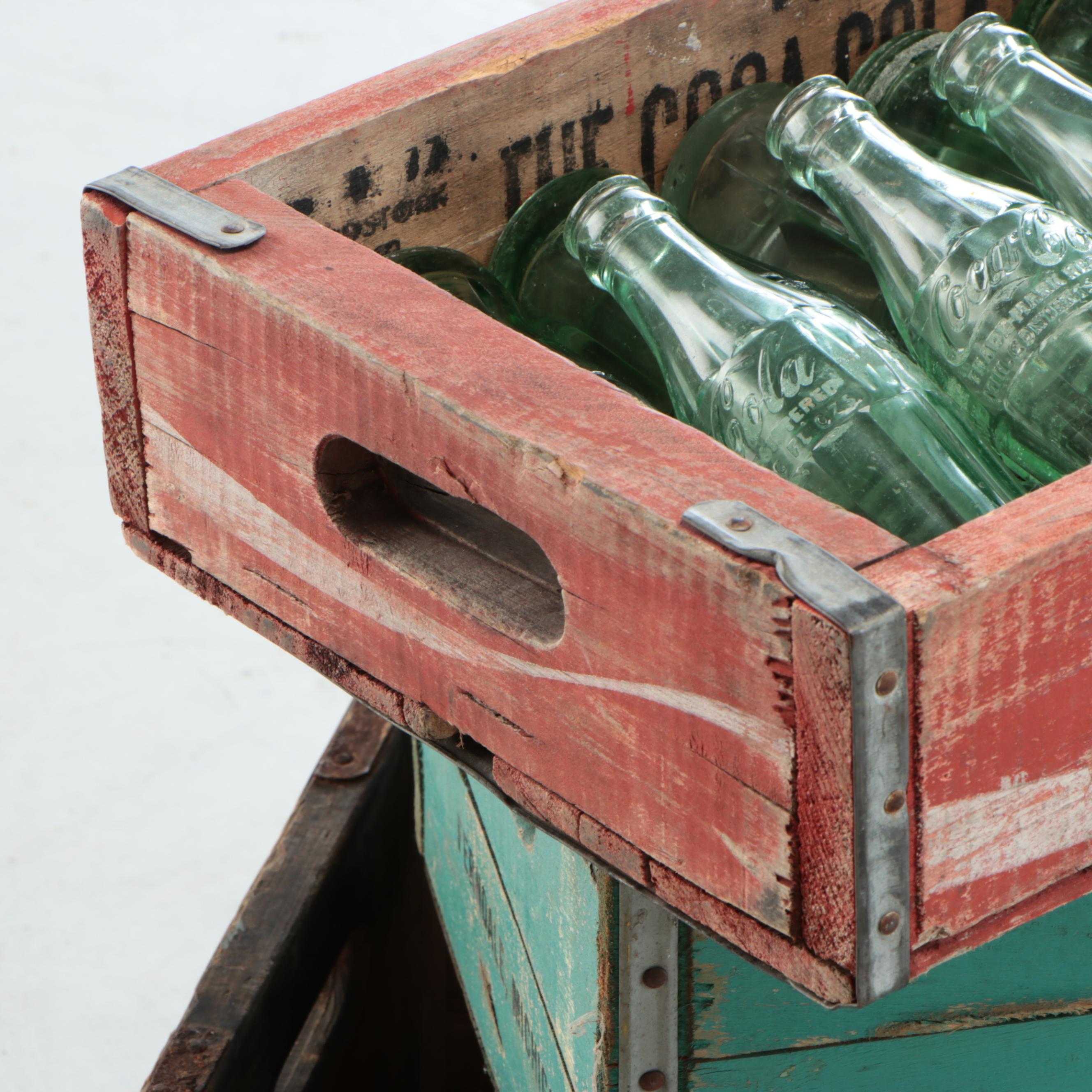 Coca-Cola, Hires, Pepsi-Cola Wooden Crates with Bottles, Mid-20th Century