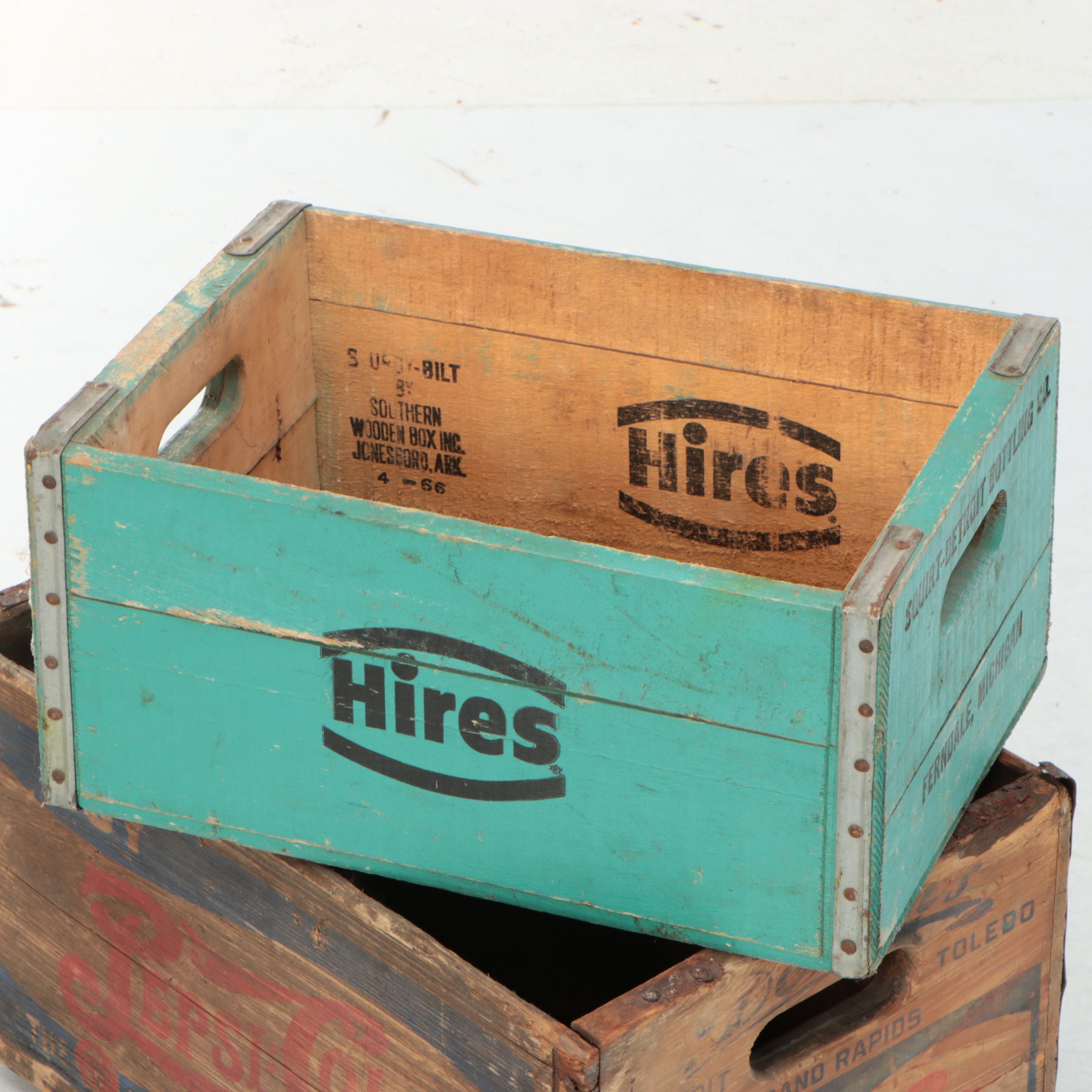Coca-Cola, Hires, Pepsi-Cola Wooden Crates with Bottles, Mid-20th Century