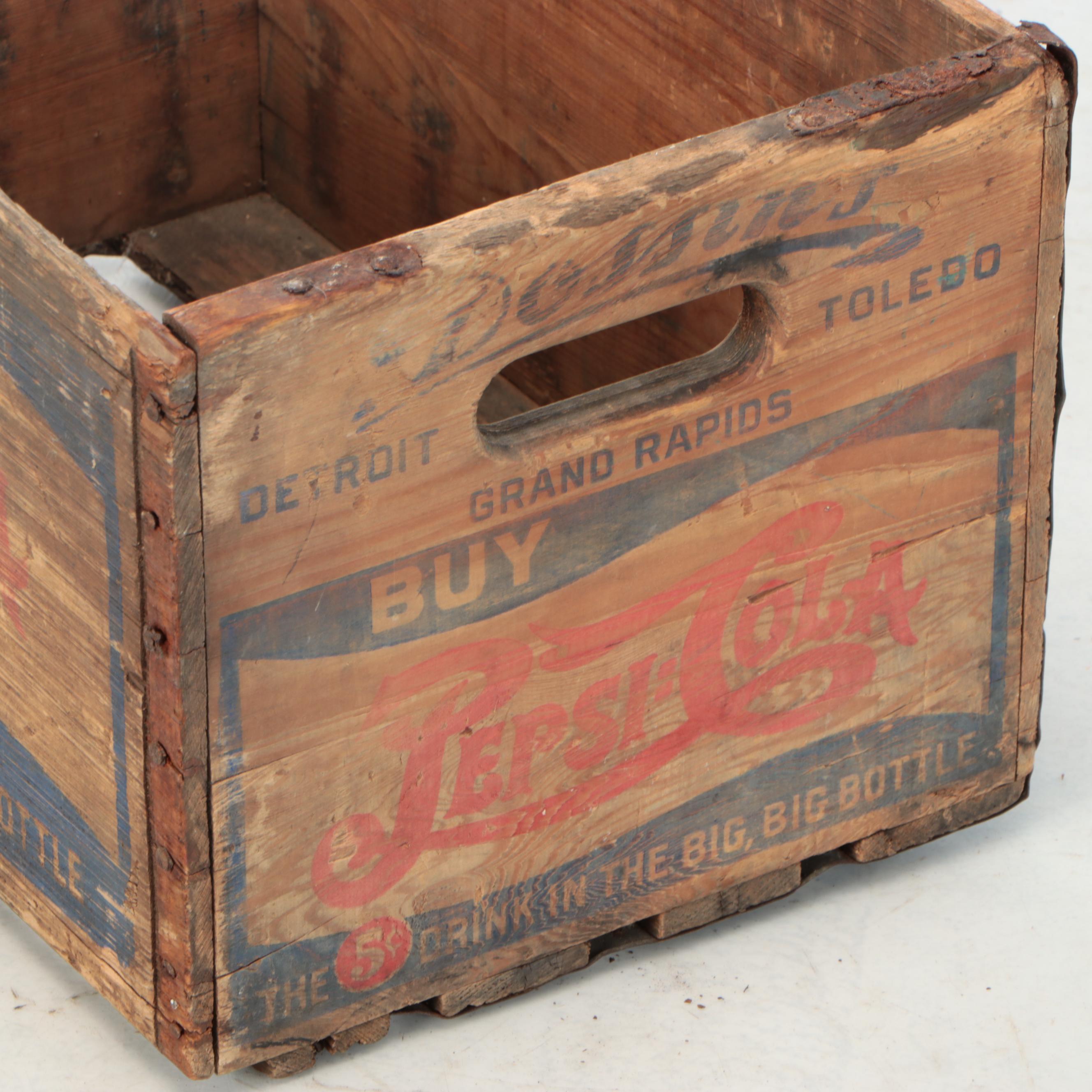 Coca-Cola, Hires, Pepsi-Cola Wooden Crates with Bottles, Mid-20th Century