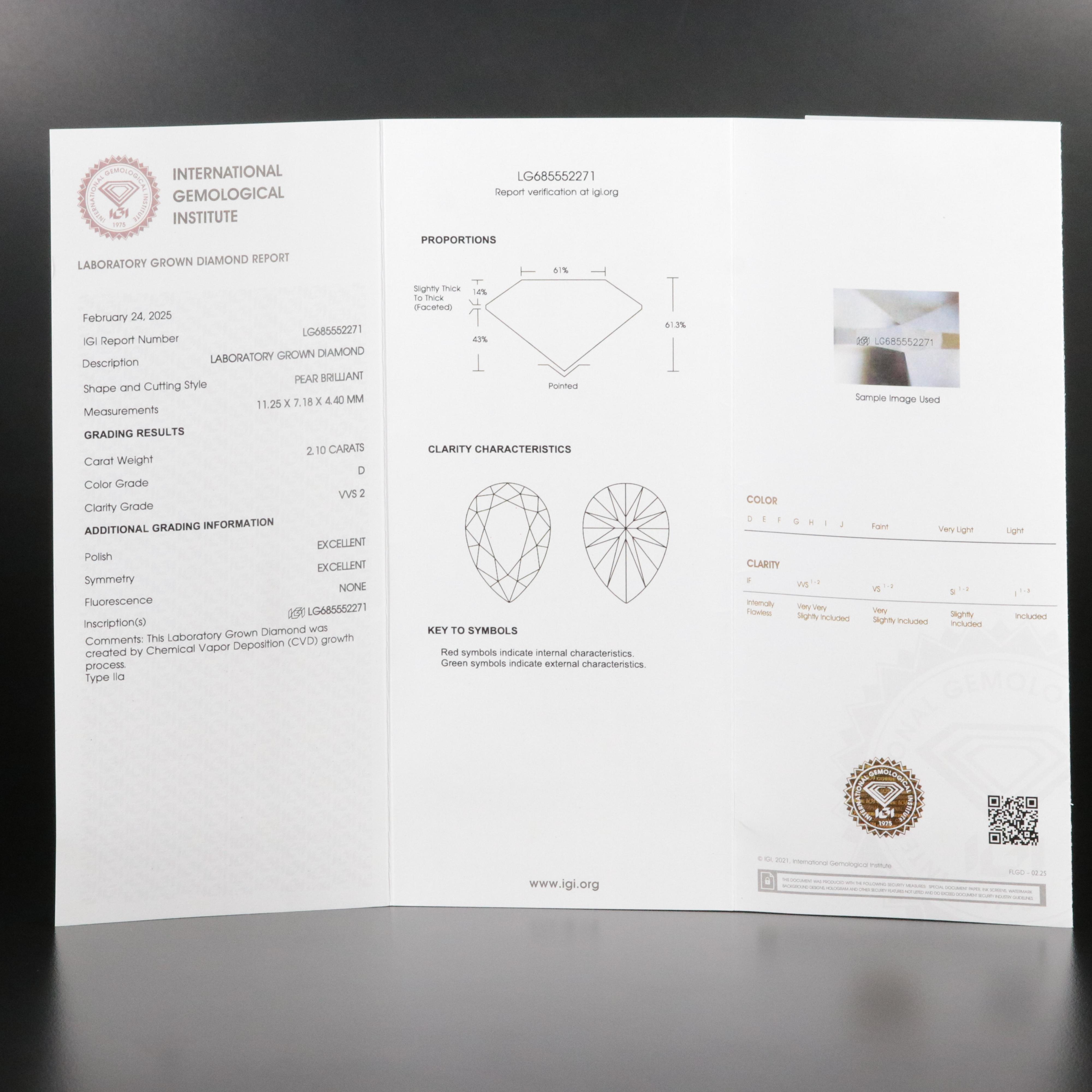 Loose 2.10 CT Lab Grown Diamond with IGI Report