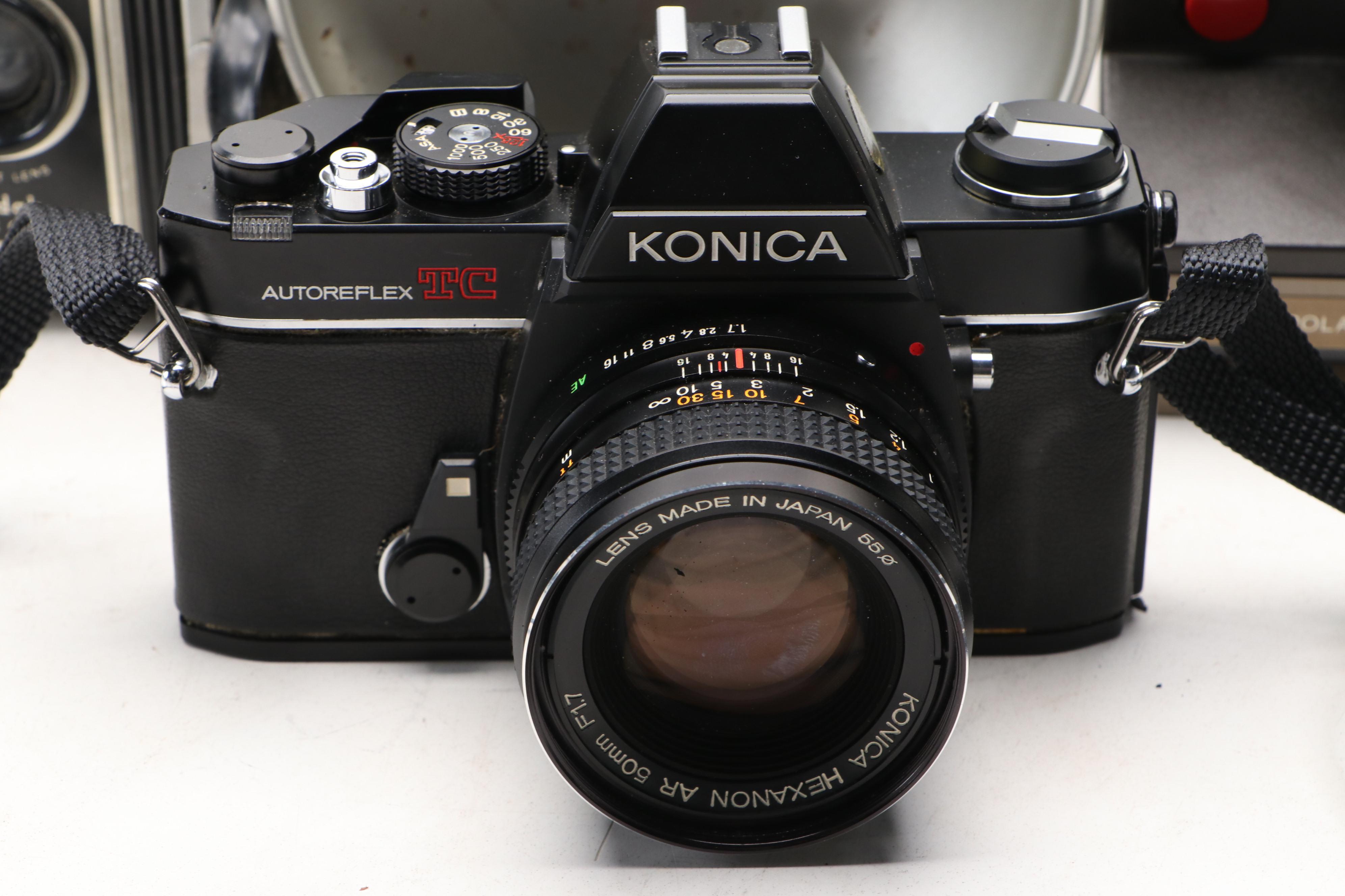 Konica Autoreflex TC SLR with Polaroid Super Clincher and Kodak TLR, 20th C.