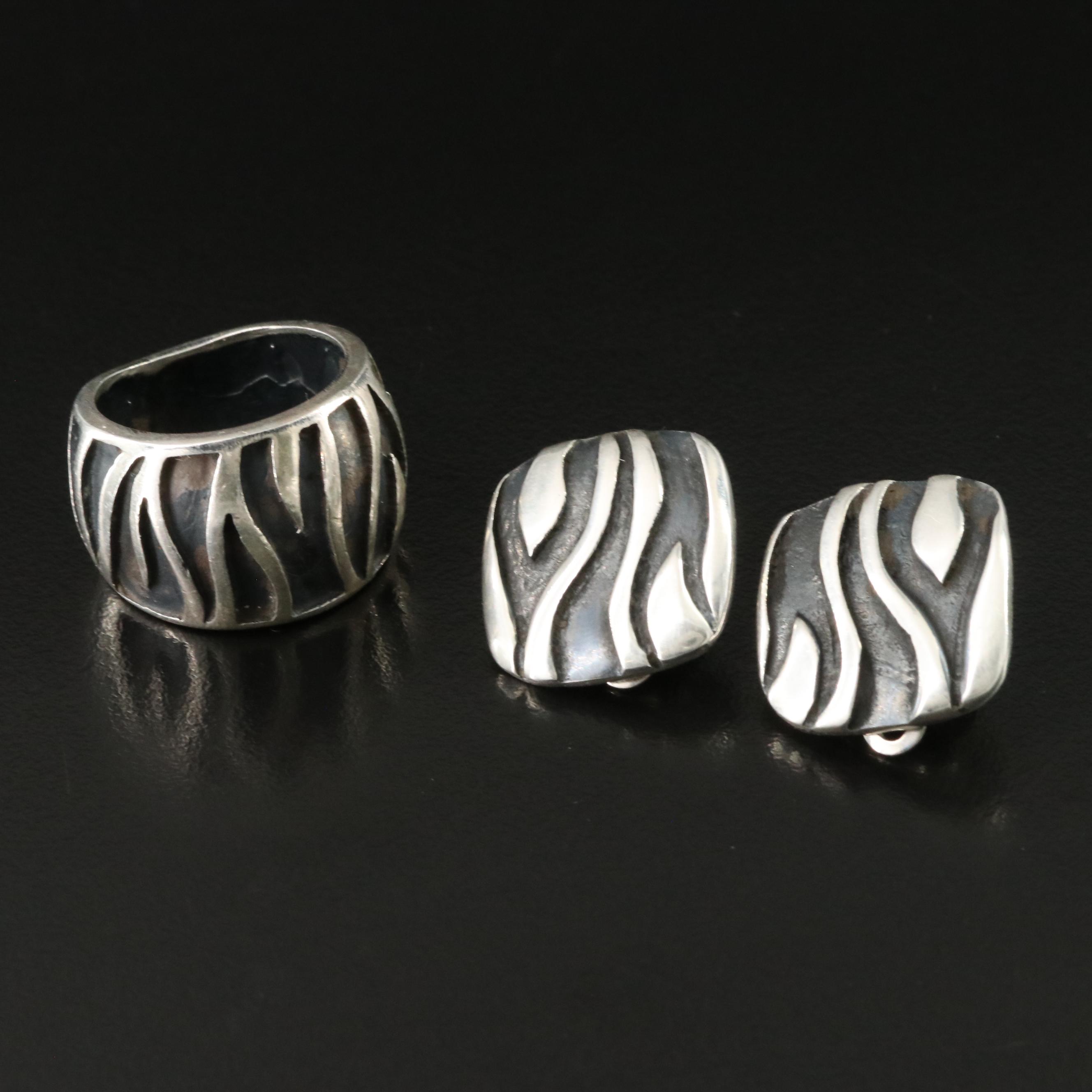 Emilia Castillo Mexican 950 Silver Striped Earrings and Ring Set