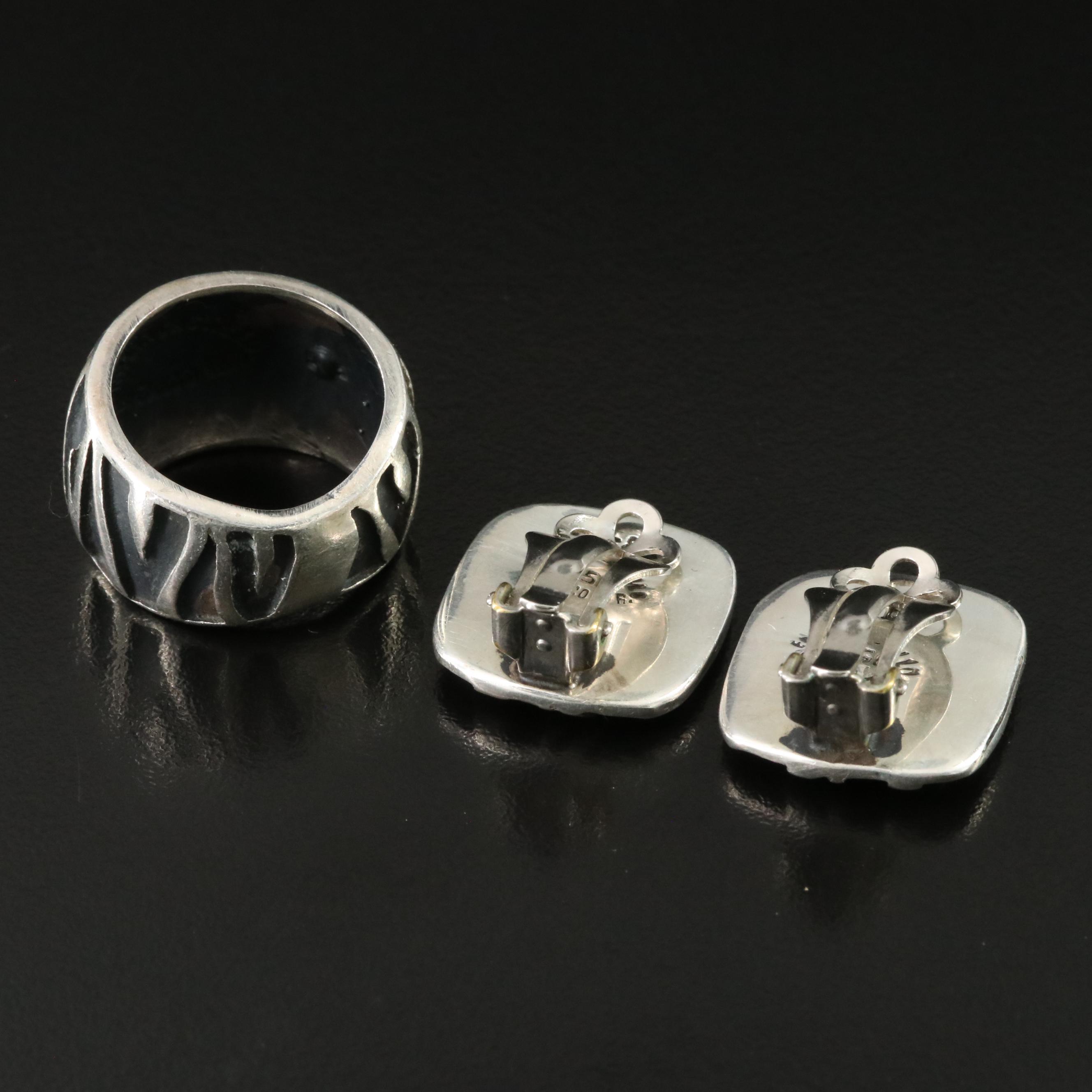 Emilia Castillo Mexican 950 Silver Striped Earrings and Ring Set