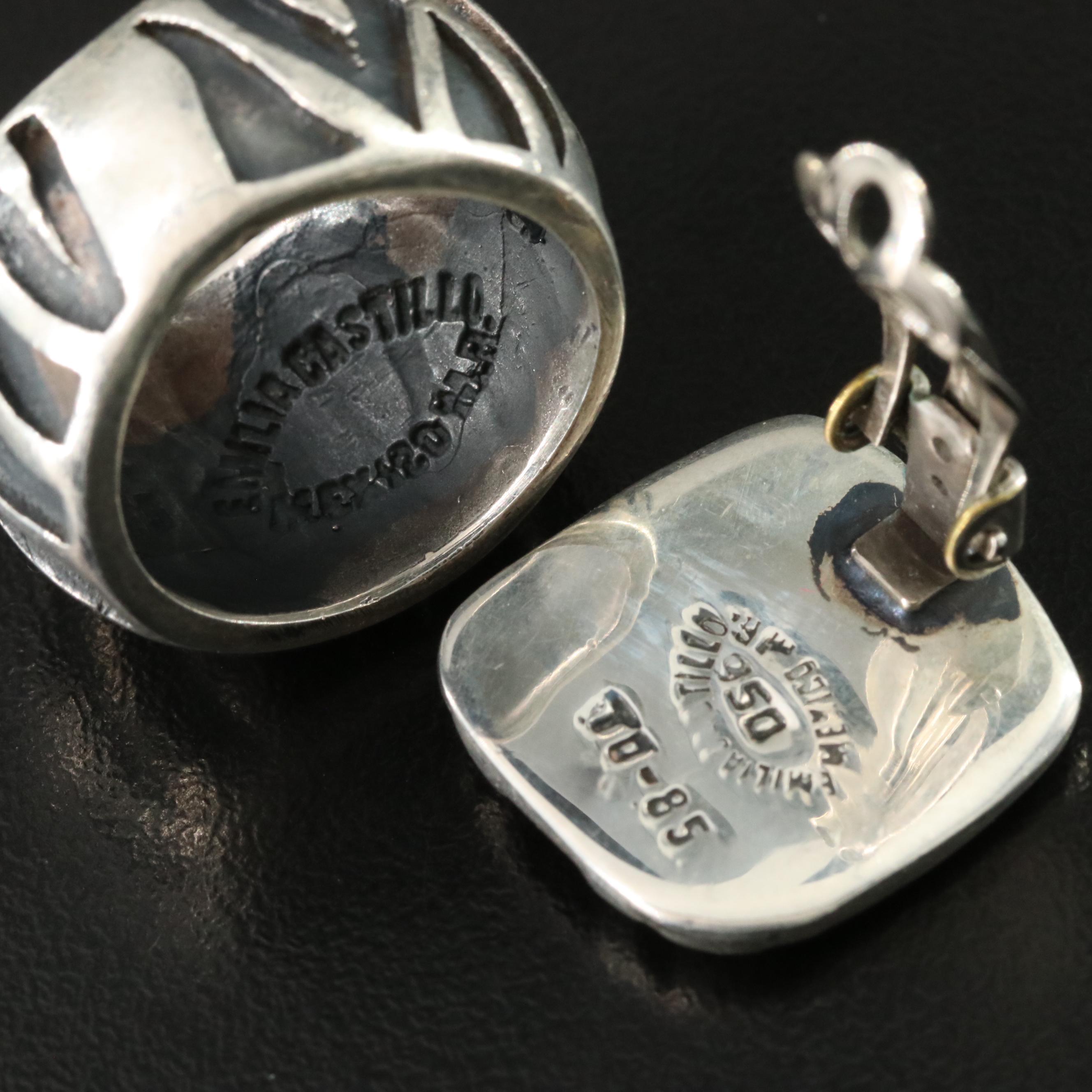 Emilia Castillo Mexican 950 Silver Striped Earrings and Ring Set