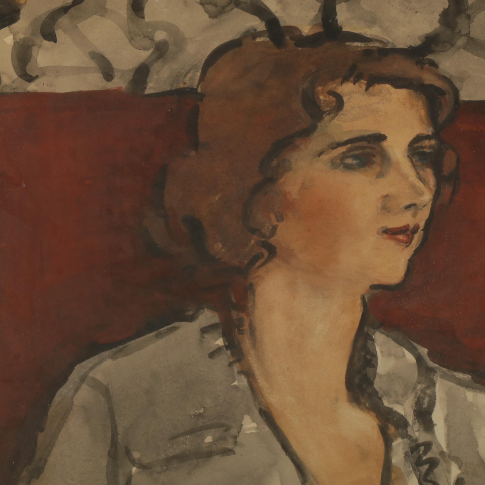 Portrait of Seated Woman Ruminating  Watercolor and Gouache Painting