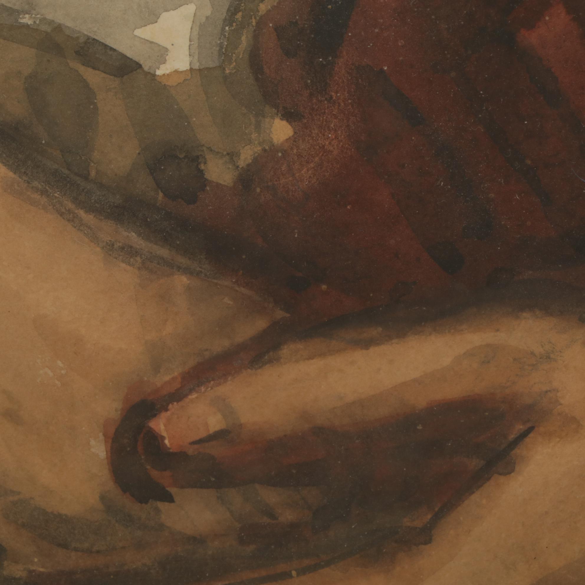 Portrait of Seated Woman Ruminating  Watercolor and Gouache Painting